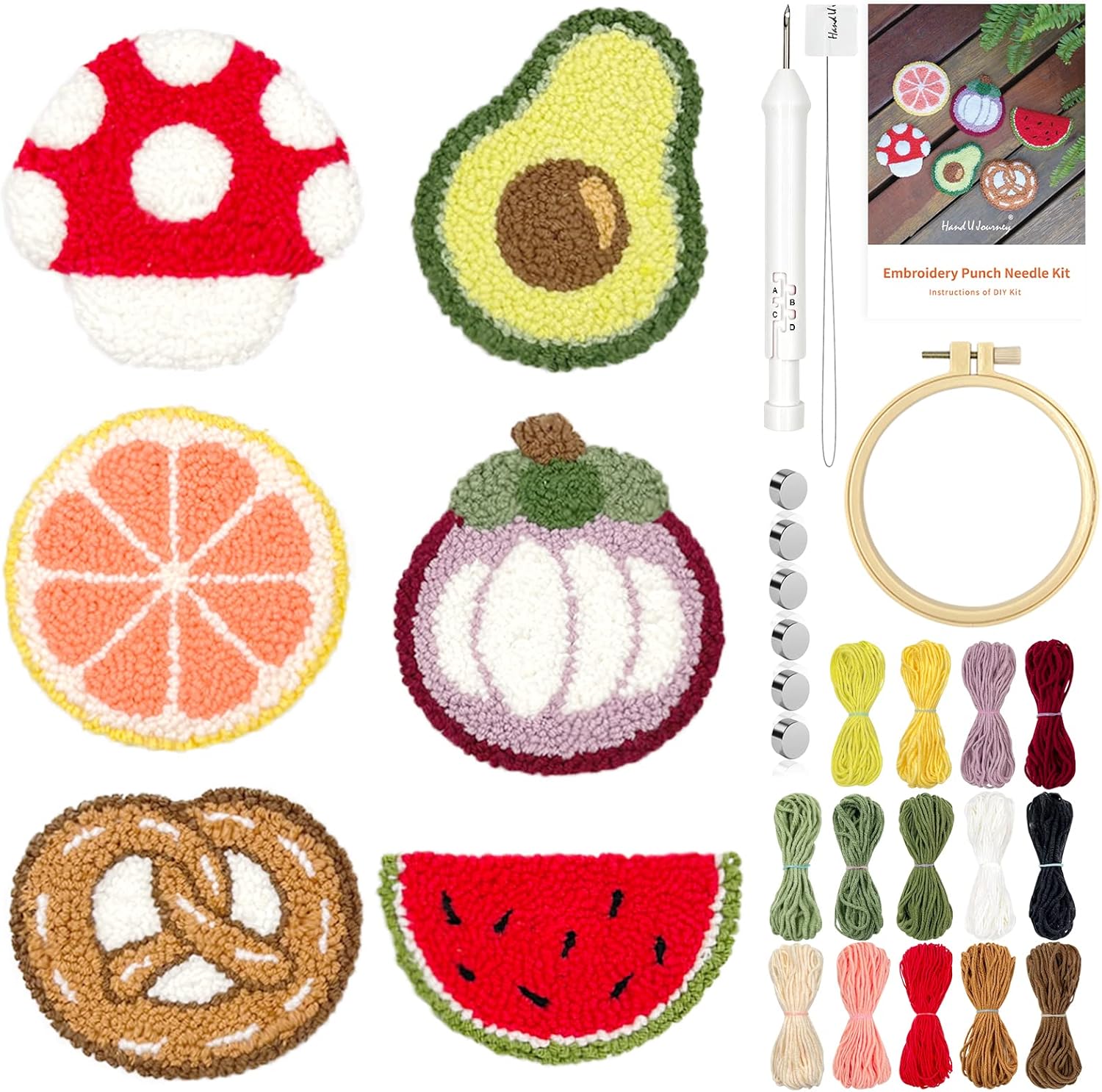 HAND U JOURNEY 6PCS Embroidery Punch Needle Food Series Refrigerator Magnets Set, Rug Punch Decoration DIY Kit for Children and Adult Beginner