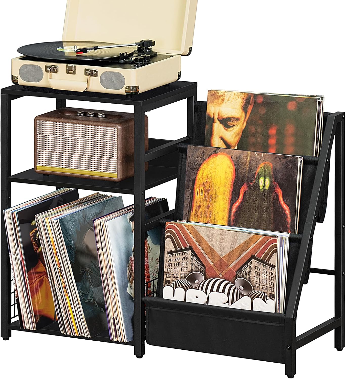 LELELINKY Black End Table,Record Player Stand with Vinyl Storage,3 Tier Side Table with Display Shelf Storage Up to 150 Albums,Industrial Large Record Holder Cabinet for Living Room