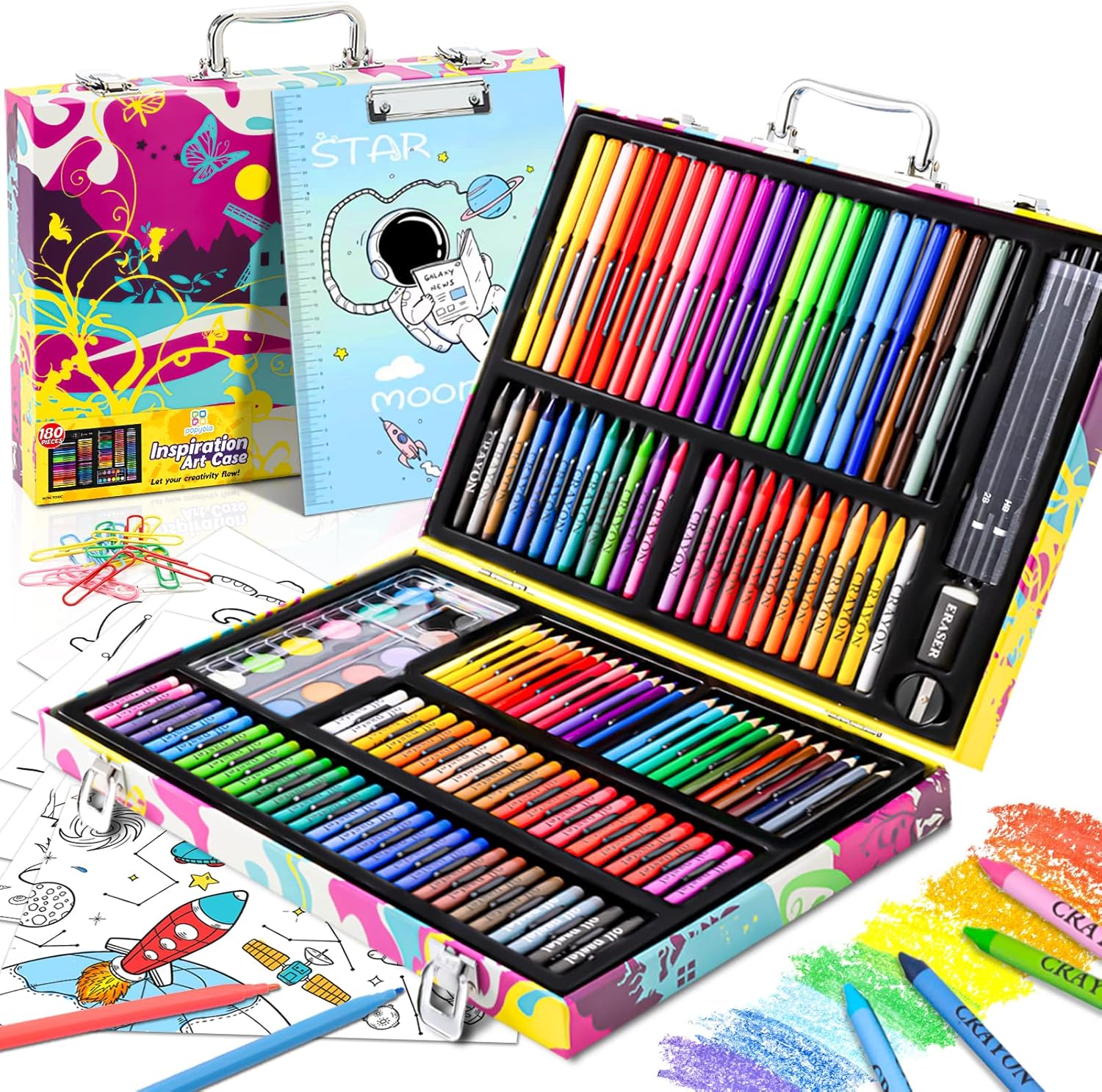 POPYOLA Art Supplies, 180 Piece Drawing Painting Art Kit with Clipboard and Coloring Papers, Gifts Art Set Case with Oil Pastels, Crayons, Colored Pencils, Watercolor Cakes