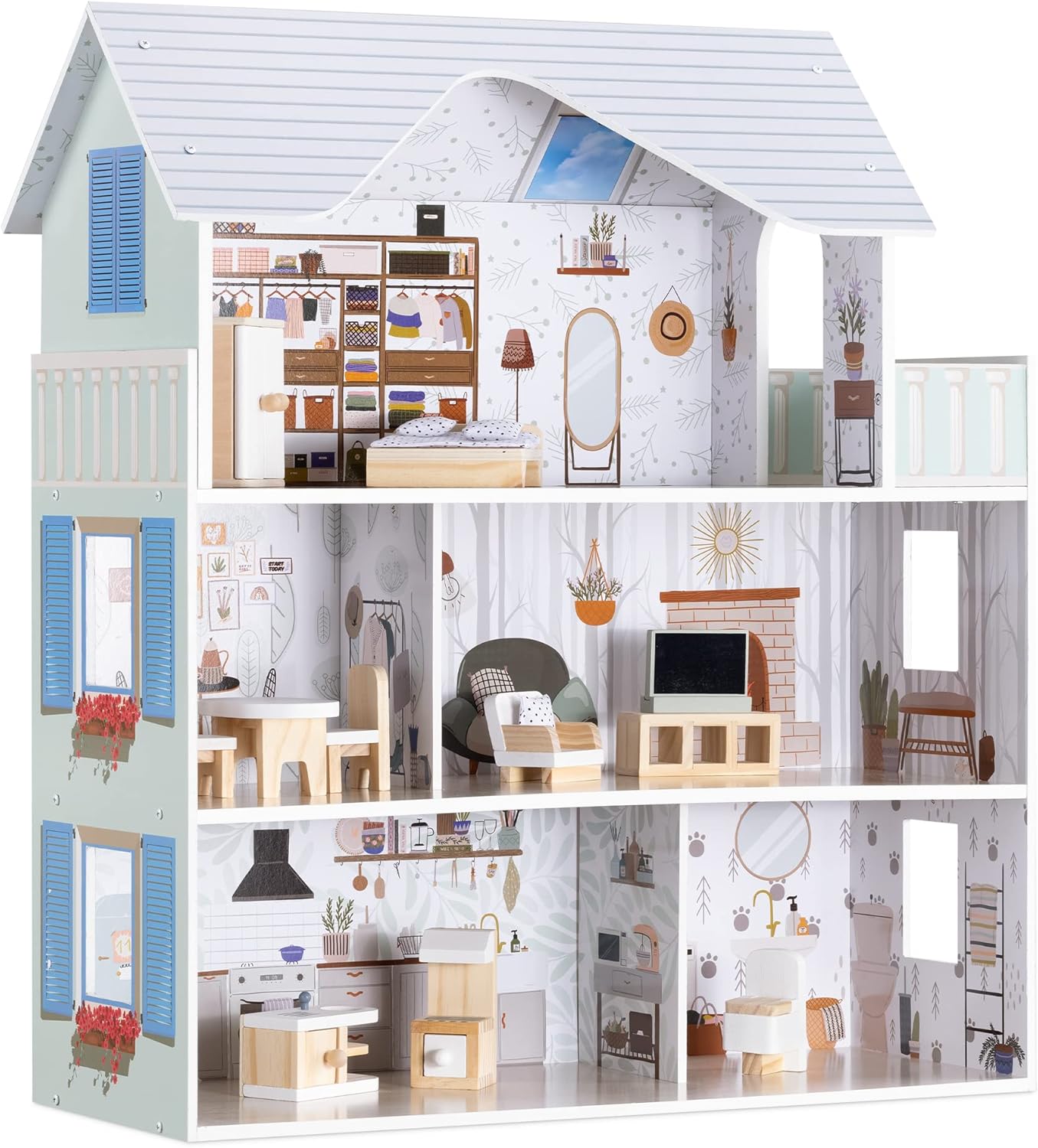 Navaris Wooden Dolls House - 3 Storey Wood Dollhouse with Toy Furniture and Soft Accessories - Doll House with 5 Rooms and Balcony - 69.5 x 62 x 27cm