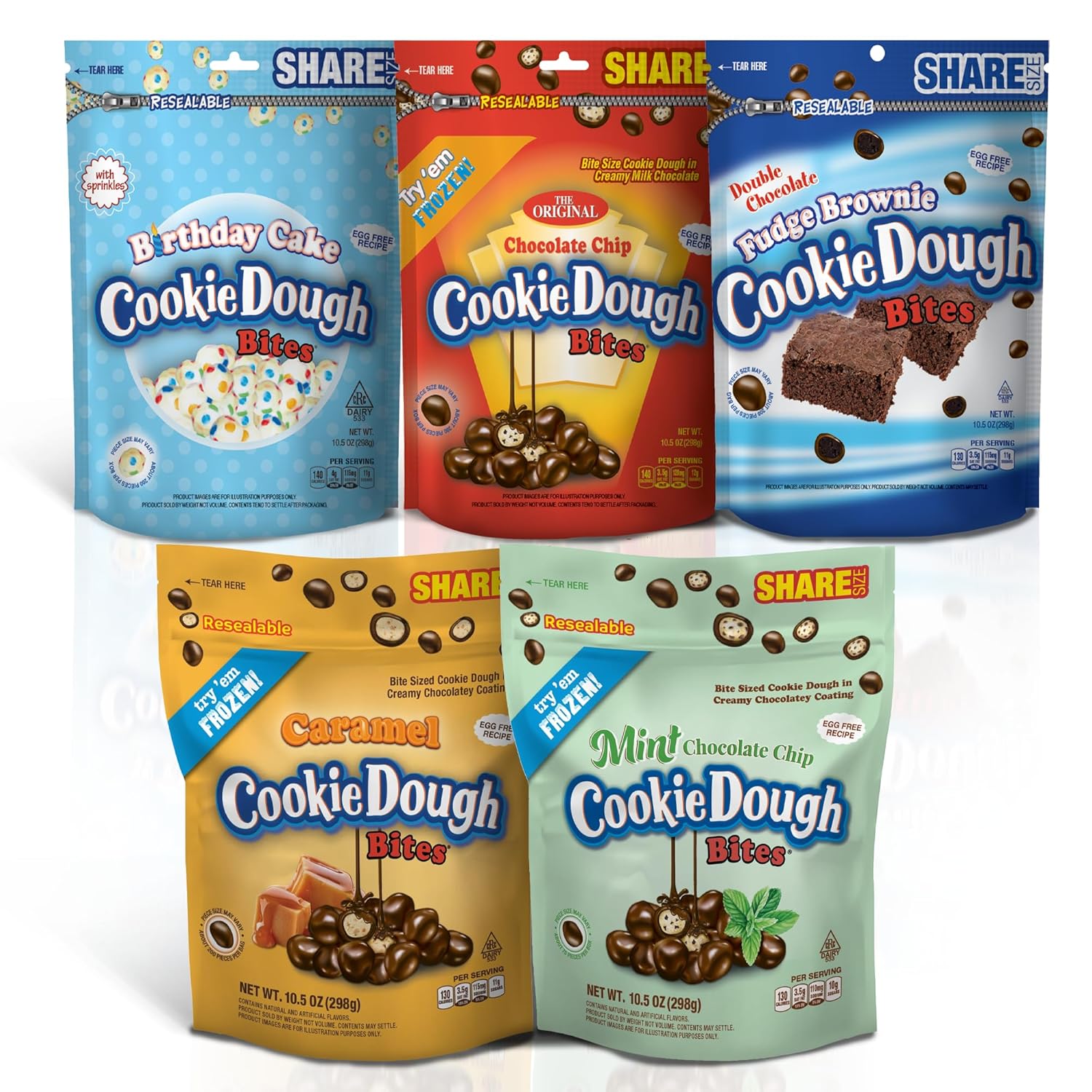 Cookie Dough Bites Variety Pack| 10.5 oz (Pack of 5) | Chocolate Chip, Birthday Cake, Caramel, Fudge Brownie, Mint |Original Edible Cookie Dough Movie Theater Candy