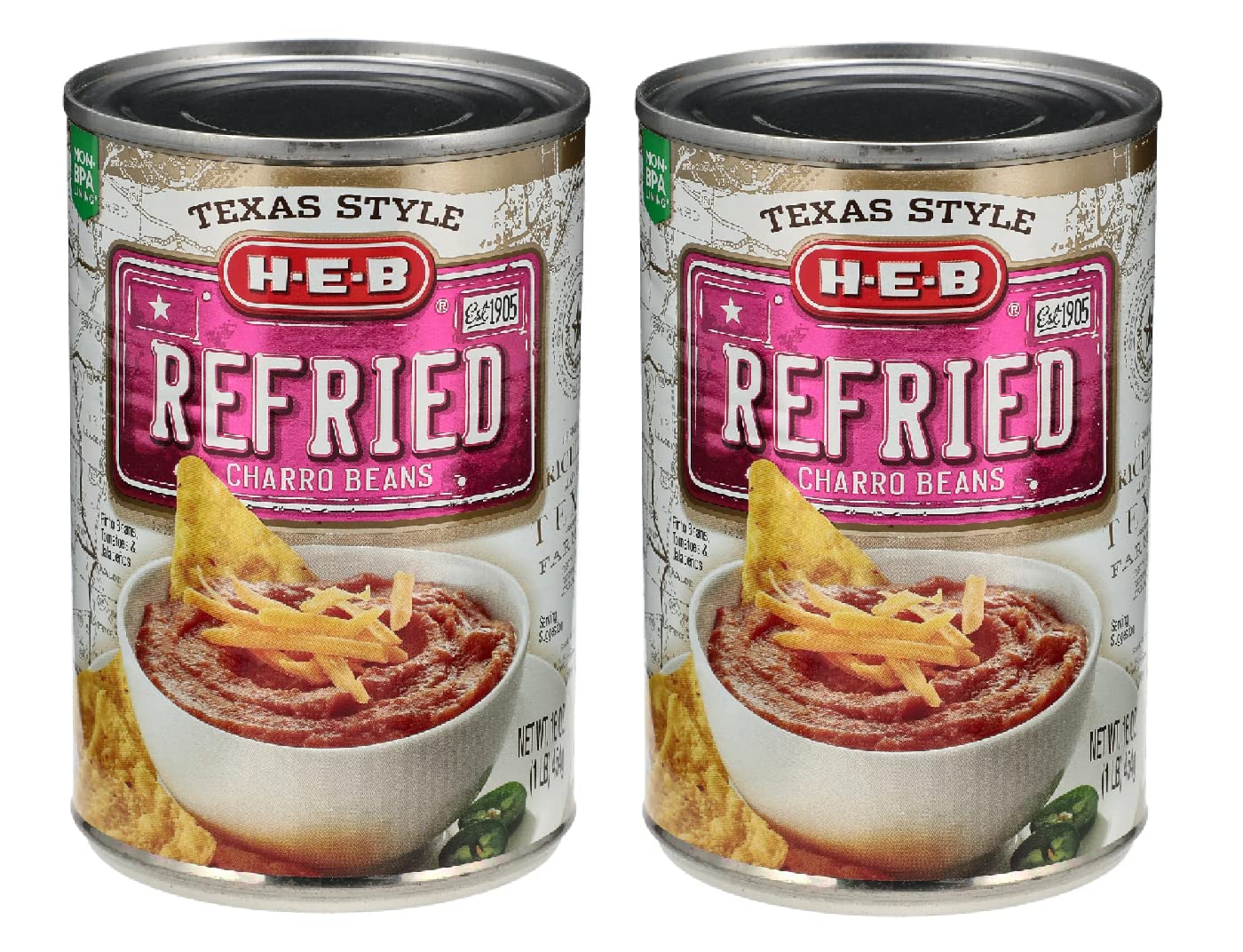 Al Amin Foods Texas Style Refried Charro Beans 2 Cans 16 oz (1 LB - 454g) BY: H-E-B