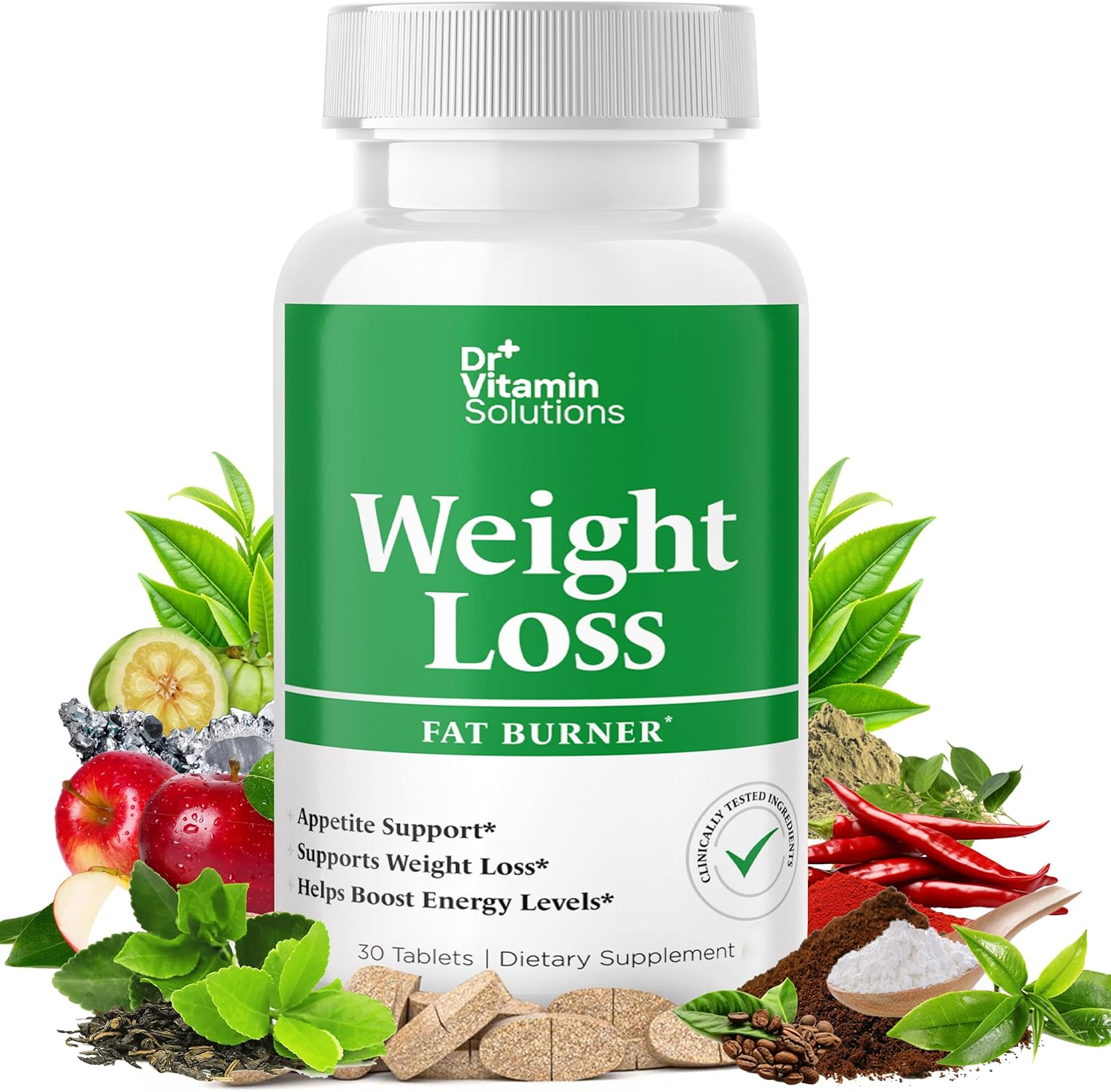 DR VITAMIN SOLUTIONS Weight Loss Supplements for Women & Men - Includes Green Tea Extract, Chromium, Vitamin B6 - Energy Booster, Belly Fat Burner & Appetite Suppressant Diet Pills - 30 Tablets