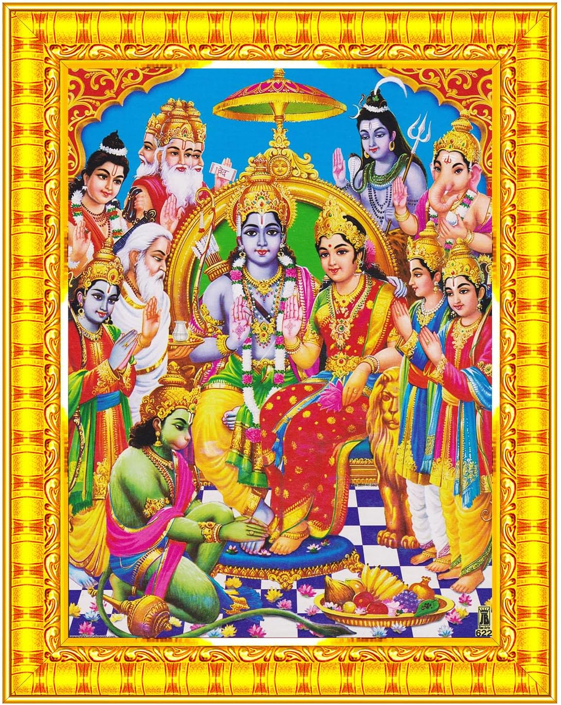Pavan Photo Laminations Ram Darbar Lord Shri Rama Sita Parivar Family Wall Painting Framed Home Decor (Wood,Matte,Gold,Big Size,10 x 12 Inch) R745M