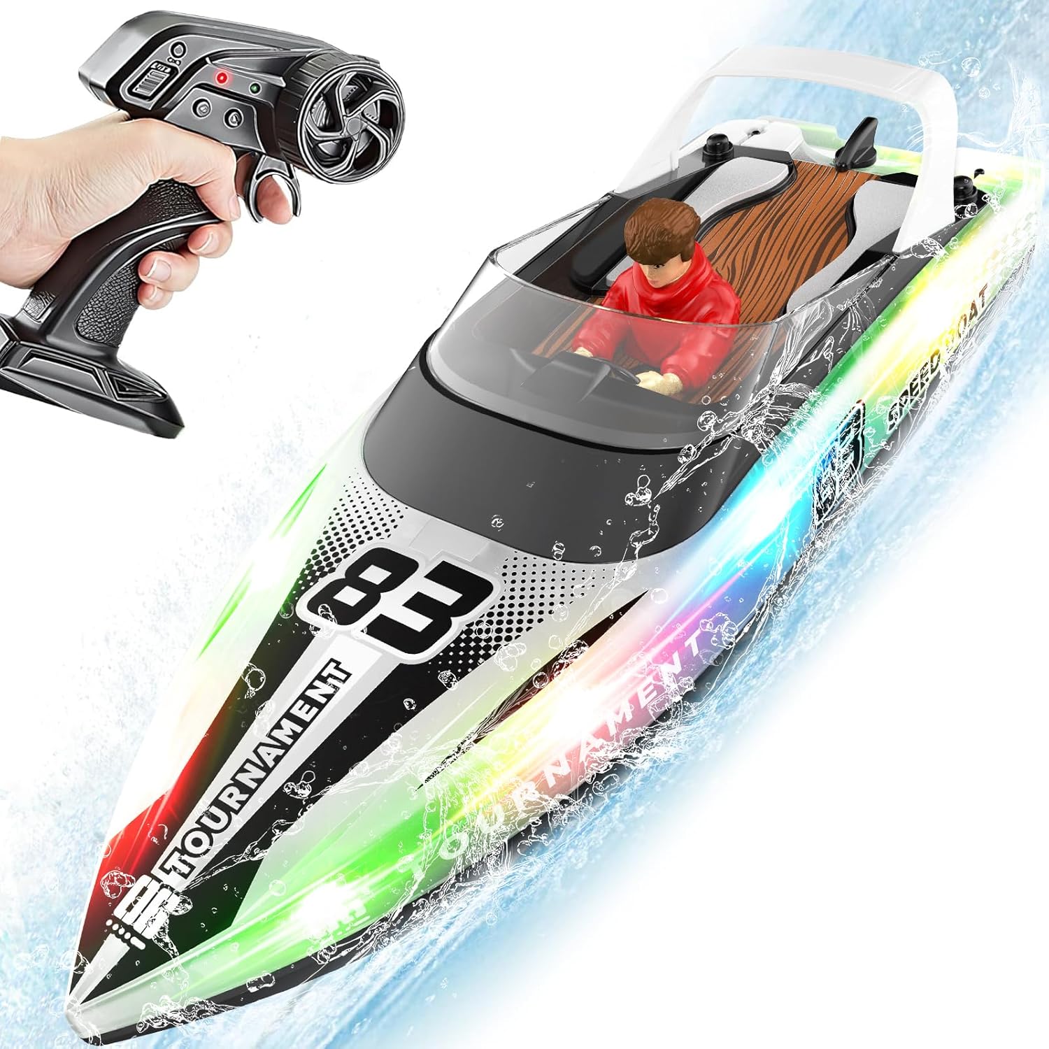 RC Boat with LED Lights, 40+ Mins, Self-Righting Waterproof Remote Control Boat for Pools, Lakes, Bathtubs, Summer Water Toys for Kids, Radio Controlled Watercraft (White)