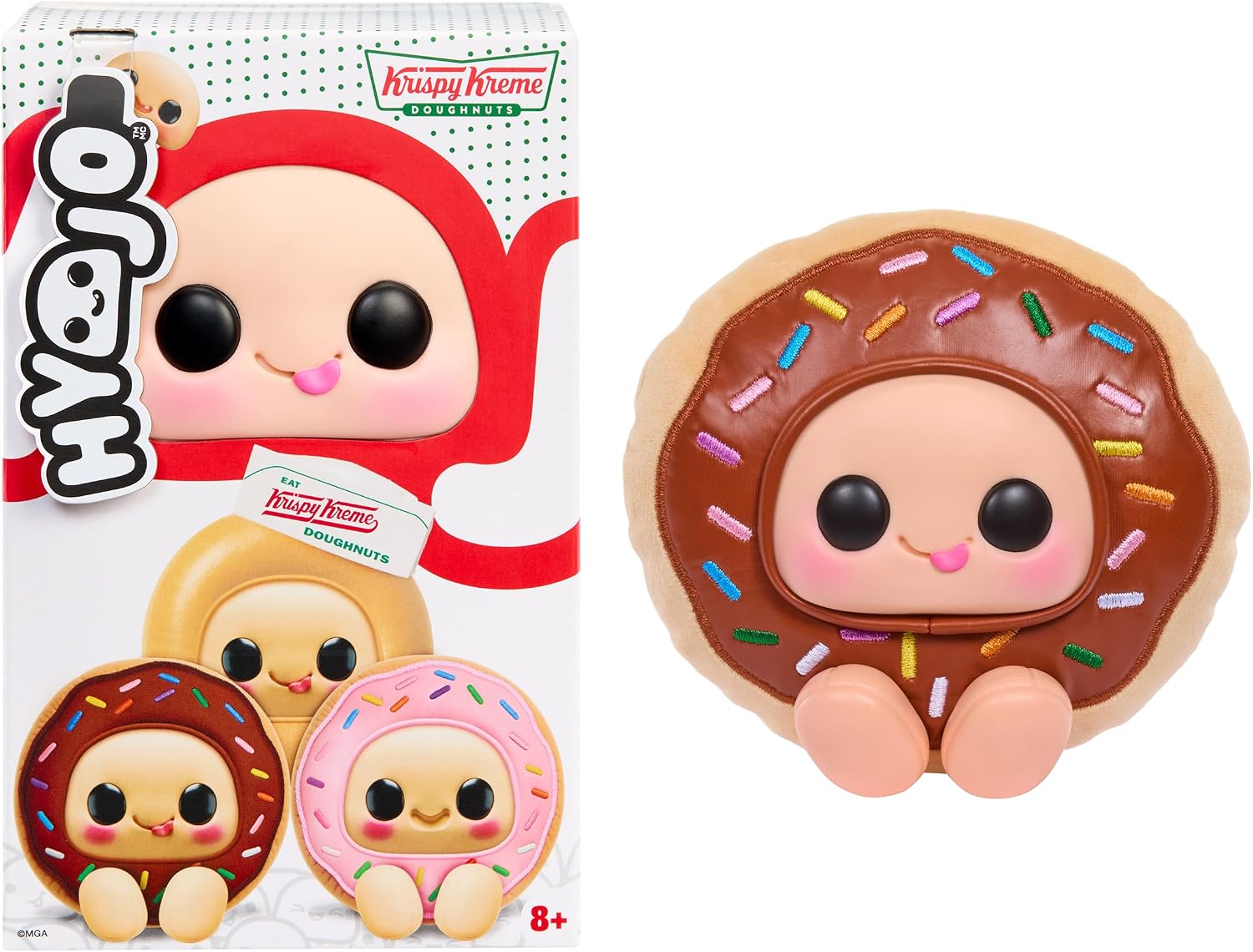 Hyojo Krispy Kreme Doughnuts Series, Blind Box Collectible Plush, Limited Edition Toy Gift for All Ages, 3 to Collect, Chocolate & Strawberry Iced, and Original Glazed with a Signature Hat