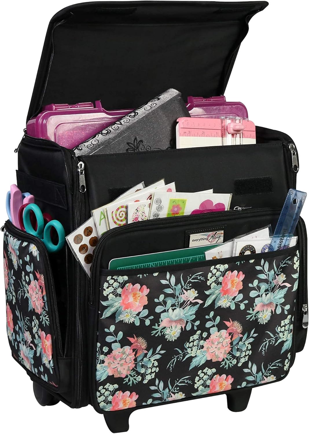 Everything Mary Wheeled Scrapbook Tote for Scrapbooking & Art - Travel Organizer Storage Bin for Paper, Glue, Tape Black Flowers