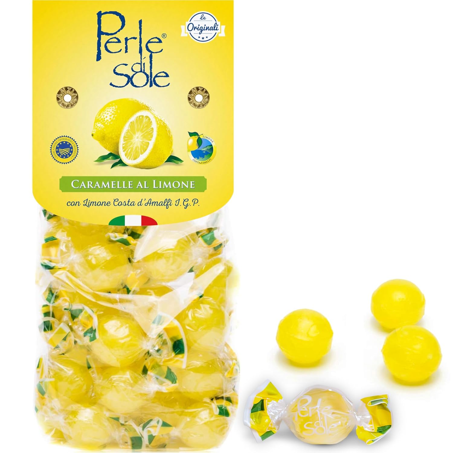 Perle di Sole Italian Lemon Drops Hard Candy Individually Wrapped (7.05 oz) Made with Essential Oils of Amalfi Coast P.G.I. Lemon - Italian Imported Gifts From Italy