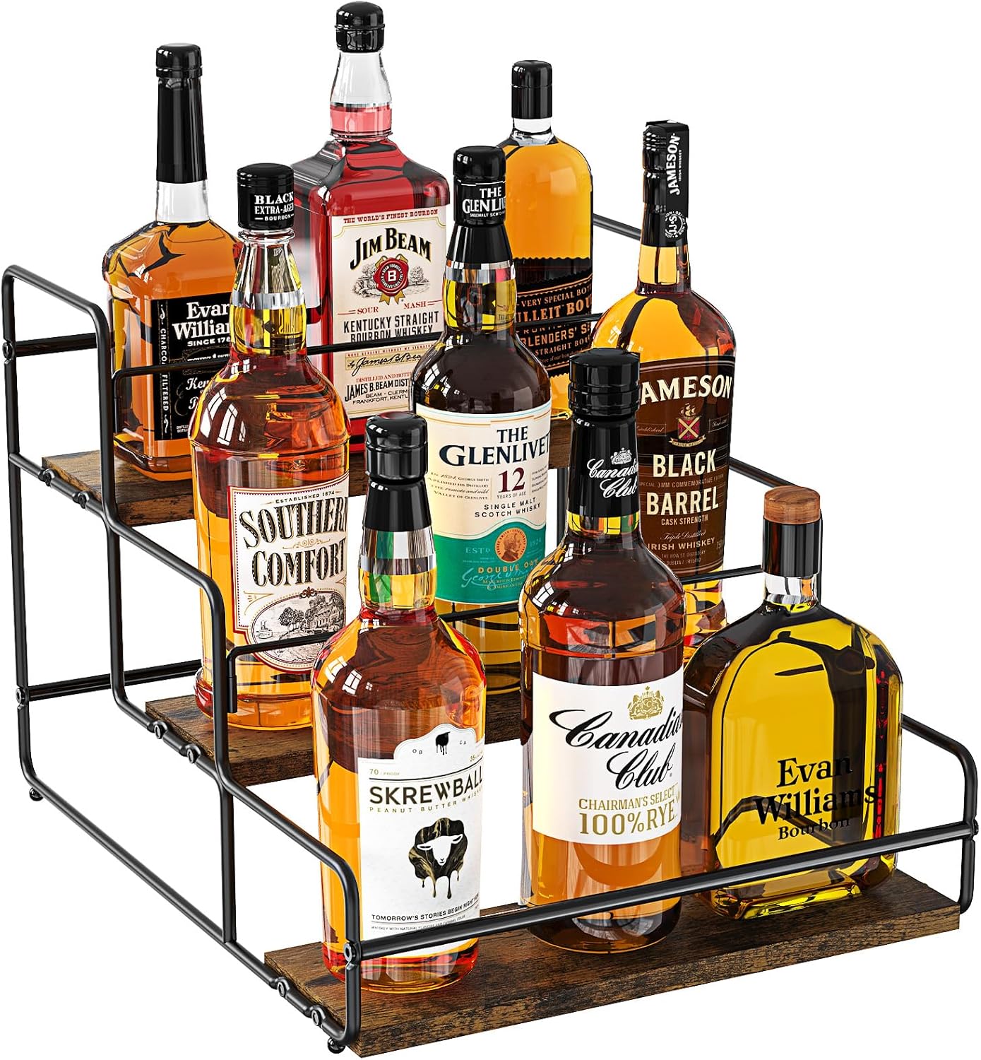 Nuovoware Liquor Bottle Display Shelf, 3-Tier Liquor Shelf, Carbon Steel Bar Cabinet with Wooden Base and Retainer Bar for Whiskey Syrup Wine, Wine Rack for Countertop Kitchen Coffee Bar, Black