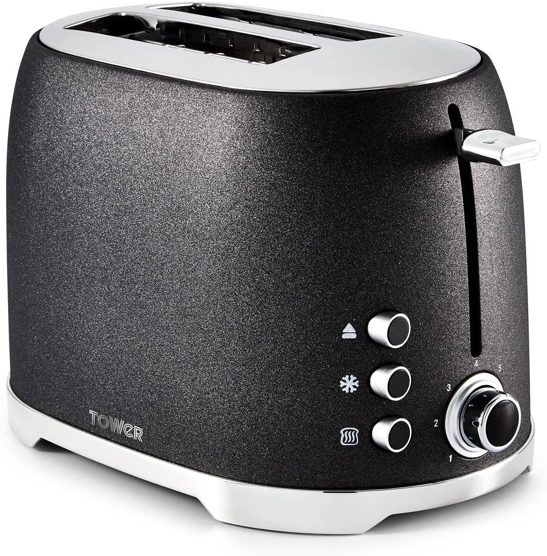 Tower Glitz T20029 2 Slice Metal Toaster with Adjustable Browning Control, Defrost and Reheat Settings, Black