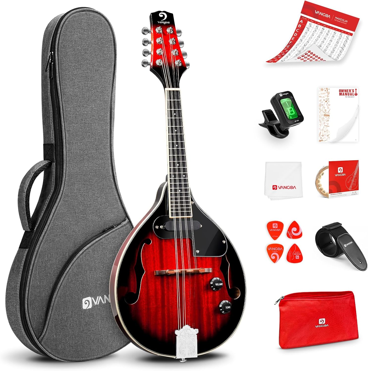 Vangoa A Style Mandolin Acoustic Electric Mandolins Instrument for Beginner Red Sunburst Mahogany with Gig Bag Picks Strings Tuner Strap