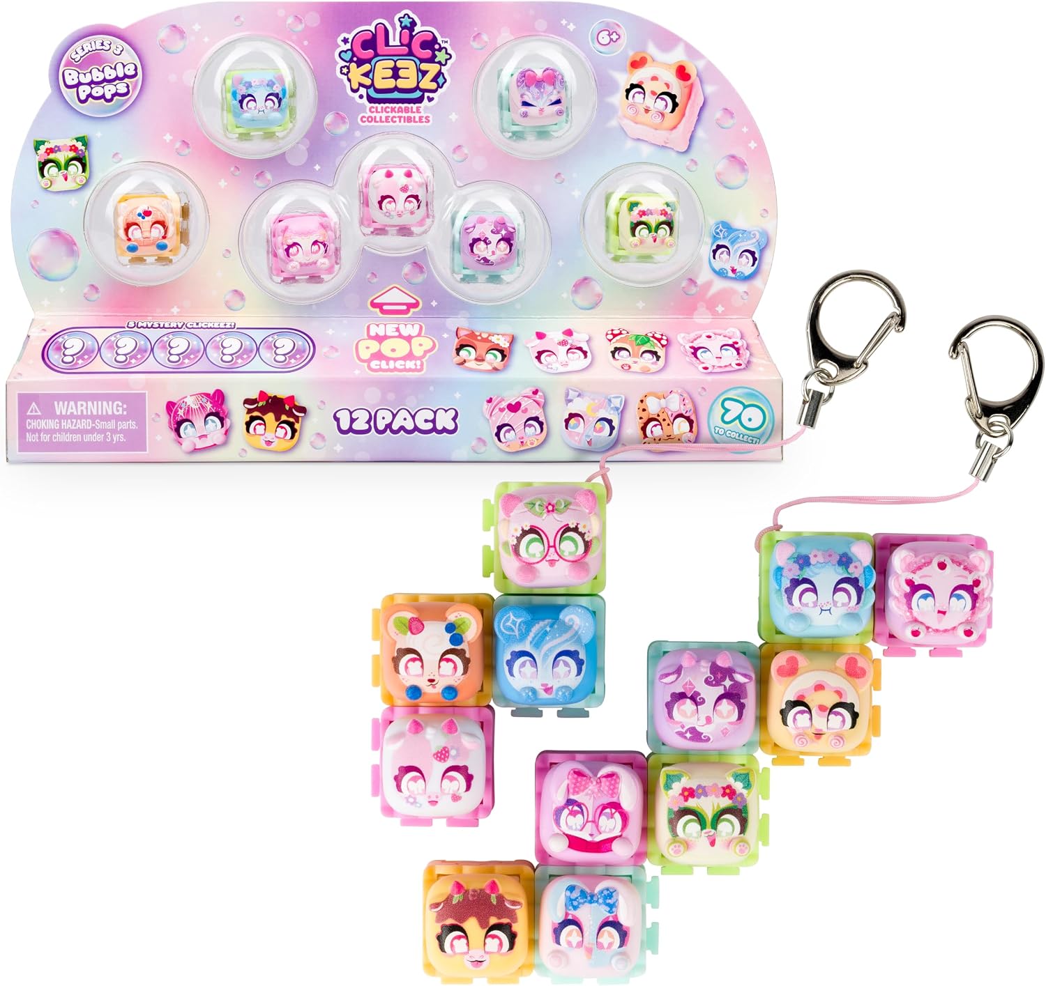 Clickeez Series 3 12-Pack | 12 Collectible Character Keyboard Keys Click and Clack | Create 2 Keychains | Ages 6+