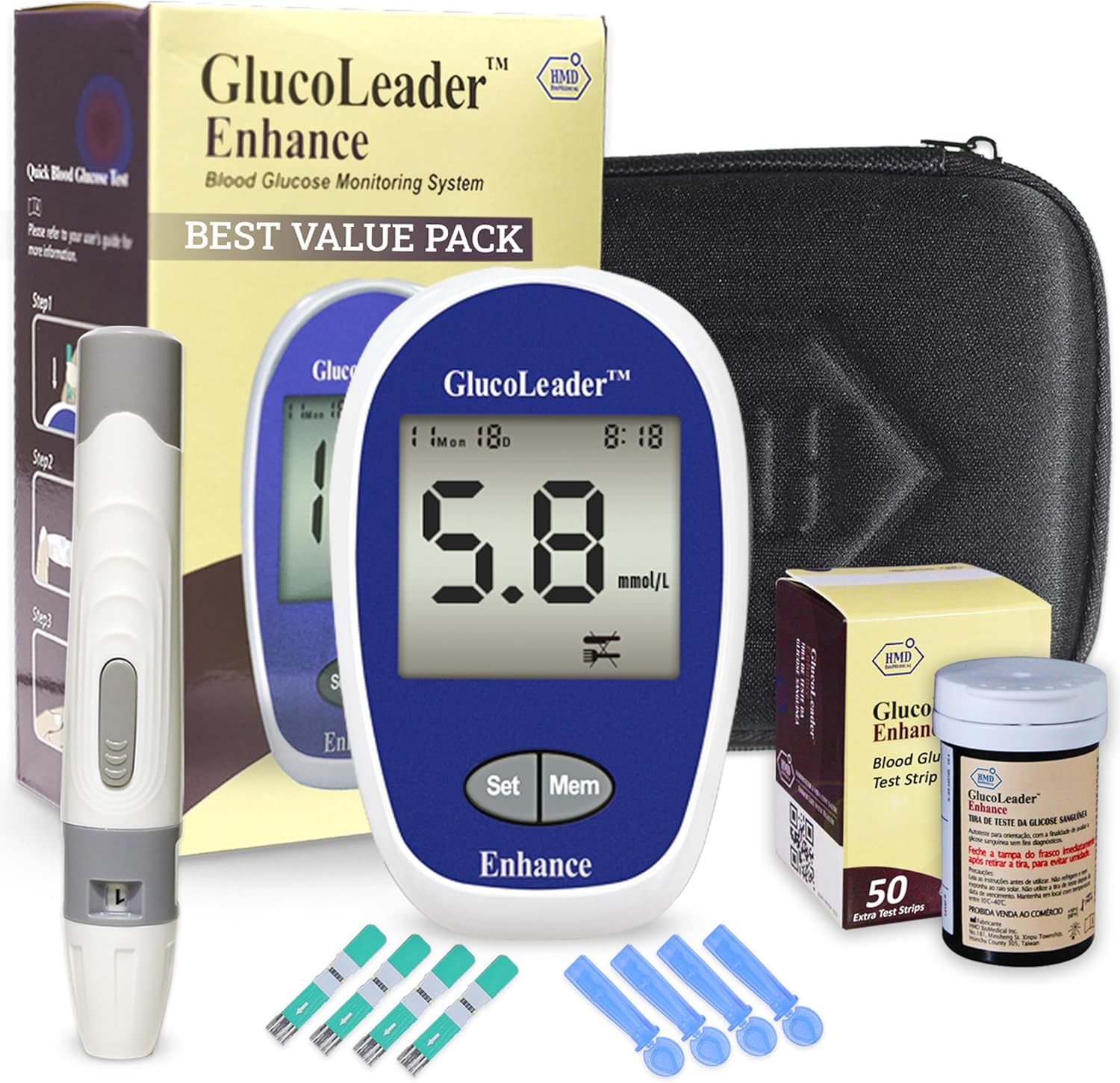 Glucoleader Enhance Blood Glucose Monitor with (10+50) Blood sugar Test Strips and Lancets - Blood Glucose Test Kit in mmol/L - CE Approved - ISO Certified - Made in Taiwan