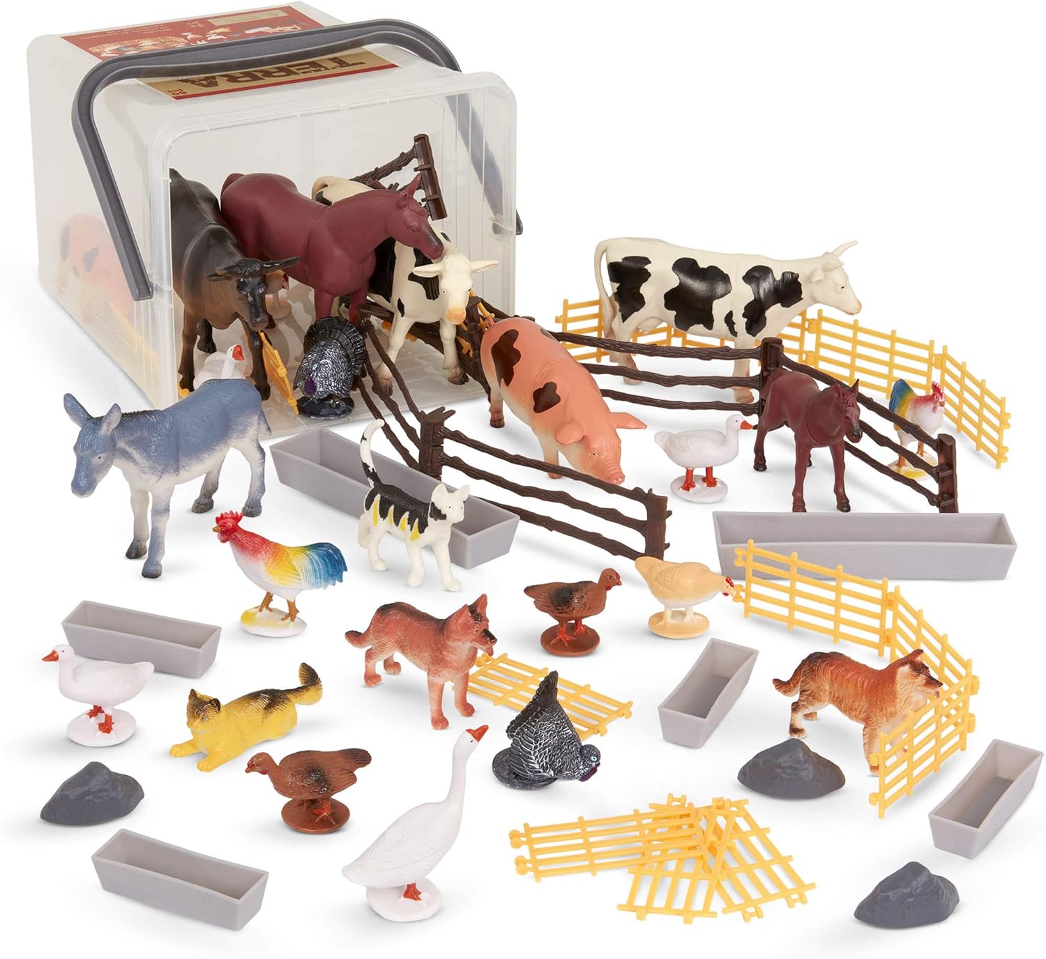 Terra by Battat – Farm Animal Figurines & Accessories – 60 Pieces Toy Animal Bucket for Kids – Cows, Pigs, Horses, Cats & More – Realistic Farm Playset – Country World Toys 3+ Years