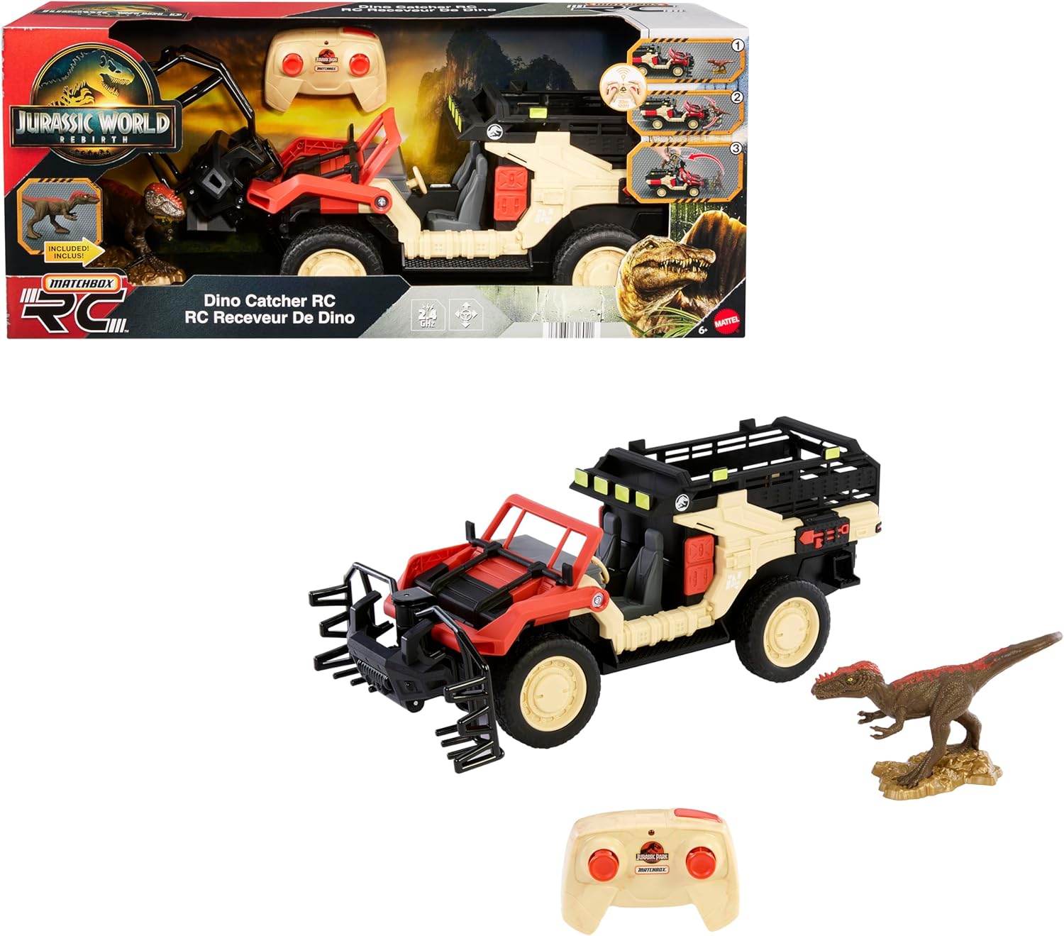 Matchbox RC Jurassic World Toy Truck, Remote-Control Battery-Operated Vehicle with Dinosaur Figure, Dino Catcher RC & Capture Cage for Transport