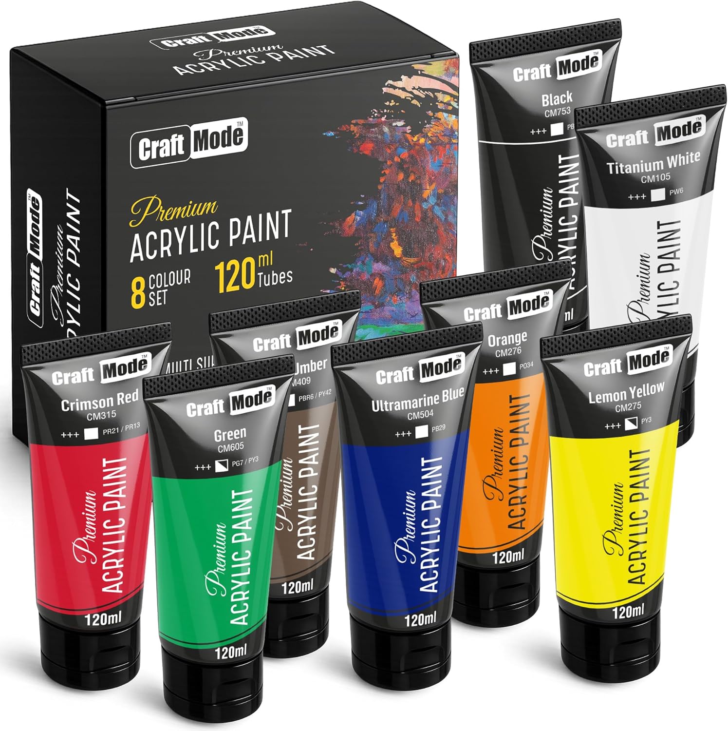 Craft Mode Acrylic paint set 8 120ml Perfect for Canvas, Wood, Ceramic, Rock, Fabric & Crafts. Non-Toxic, Quick Dry & Vibrant Colours. Rich Pigments, Lasting Qua