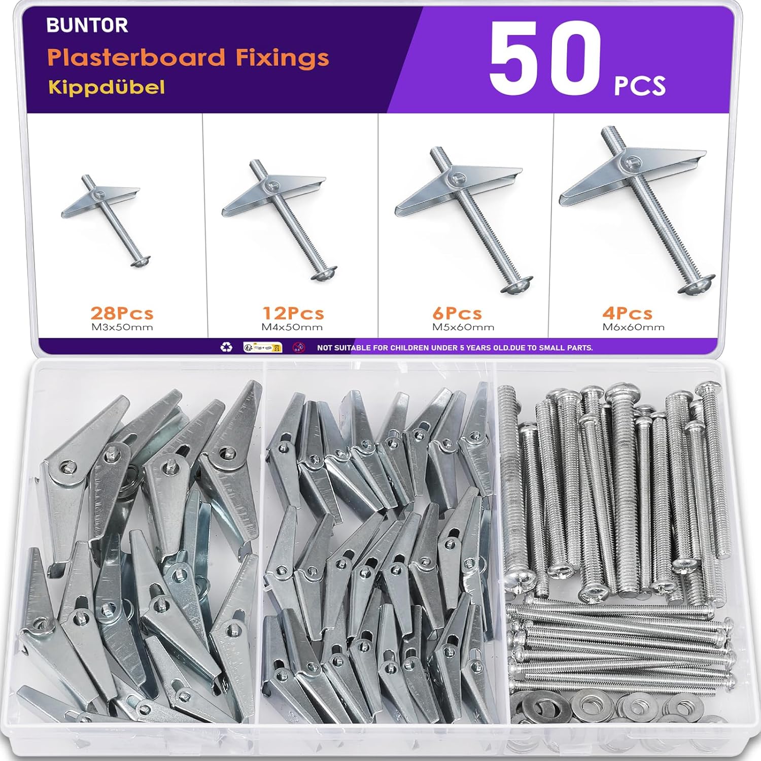 50PCS Plasterboard Fixings, 4 Sizes Wing Spring Toggle Bolts, Hollow Wall Fixings & Drywall Screws, M3/M4/M5/M6 Drywall Anchor for Plasterboard, Cav Wall, Fibreboard