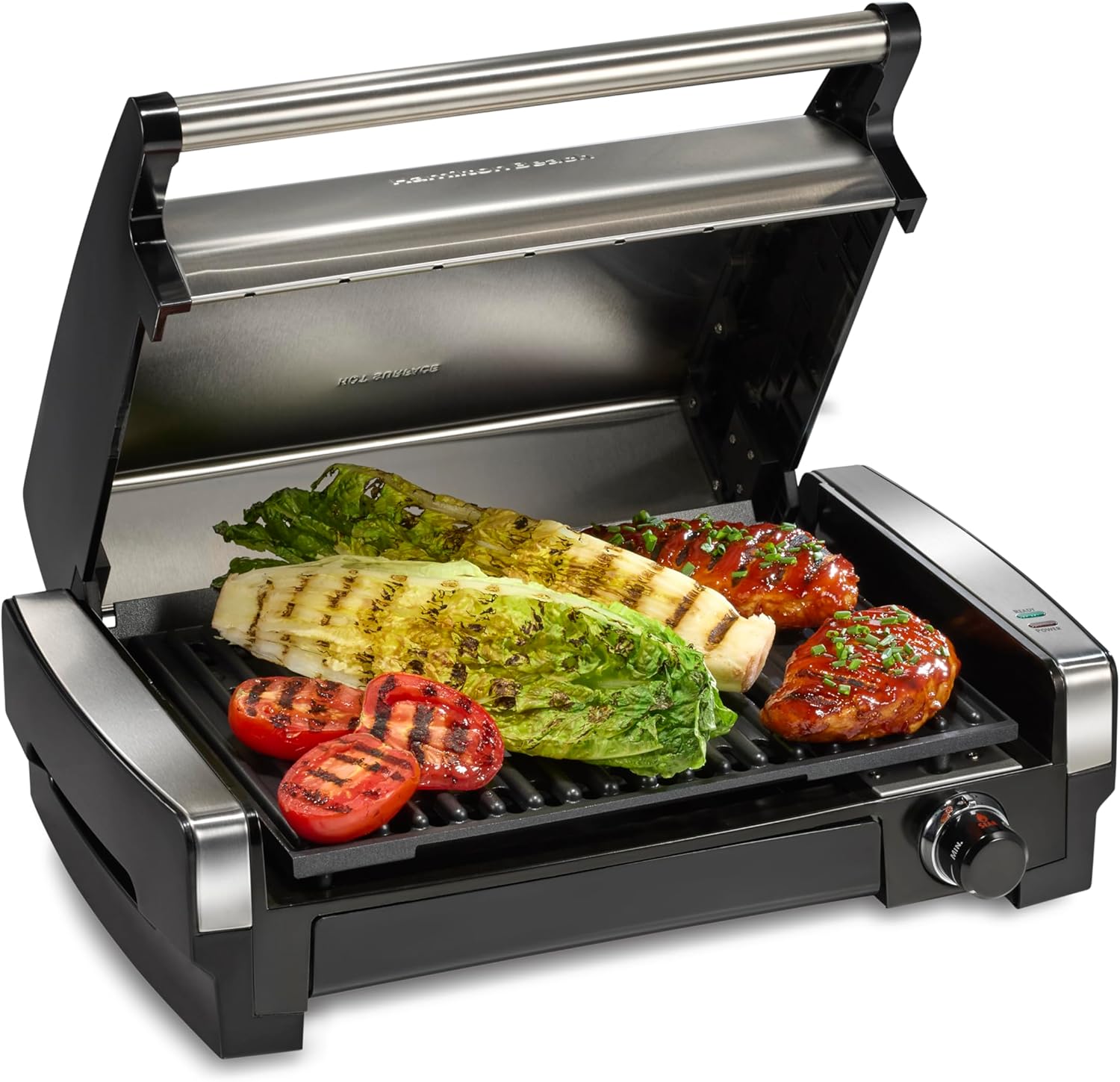 Hamilton Beach Electric Indoor Searing Grill with Adjustable Temperature Control to 450F, 118 sq. in. Surface Serves 6, PFAS-Free Removable Nonstick Grate, Stainless Steel (25360)