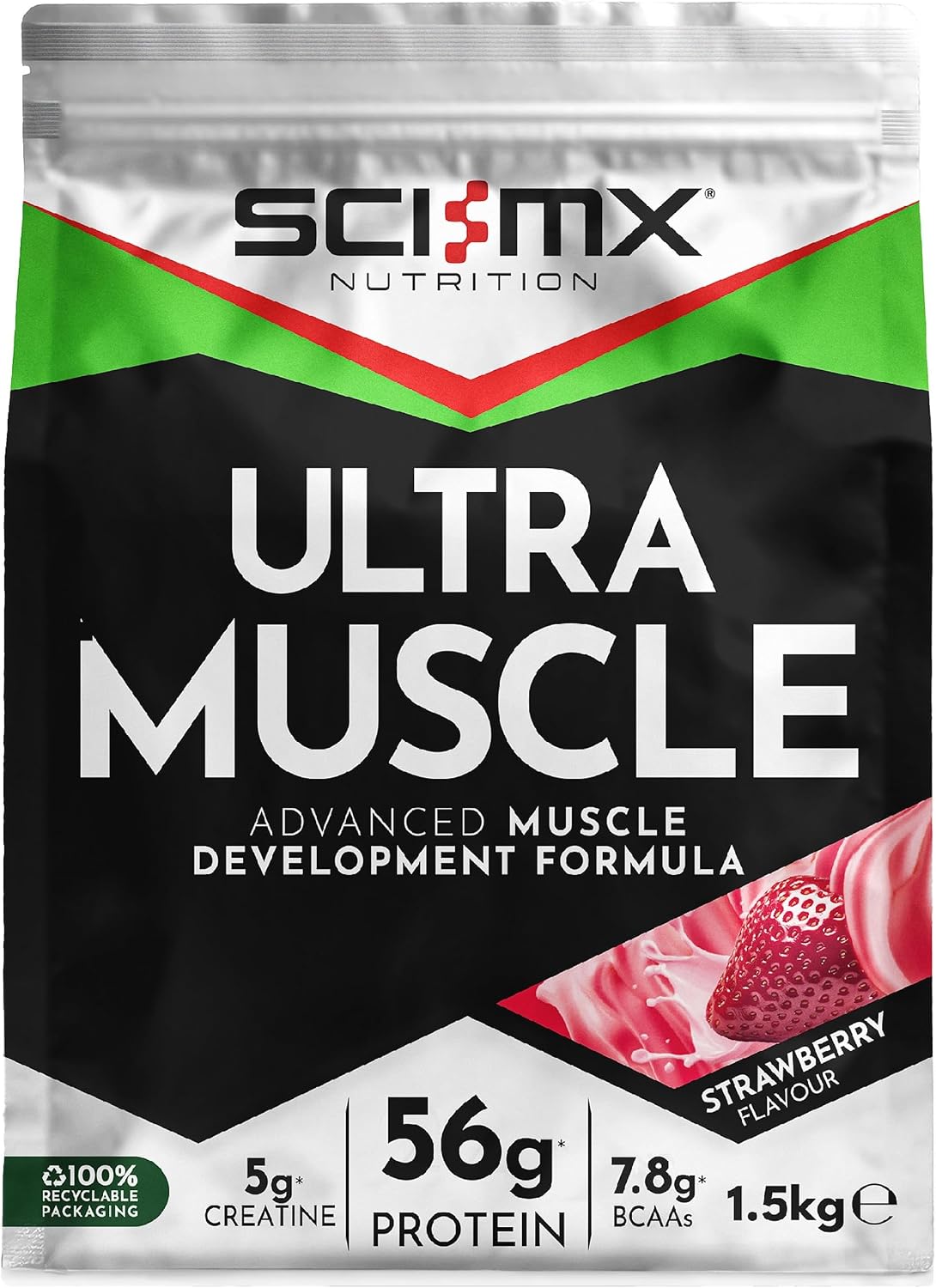 SCI-MX Ultra Muscle - Protein Powder for Muscle Development + 23 Vitamins & Minerals - Strawberry • 5g Creatine + 7.8g BCAAs per Serving • 1.5kg