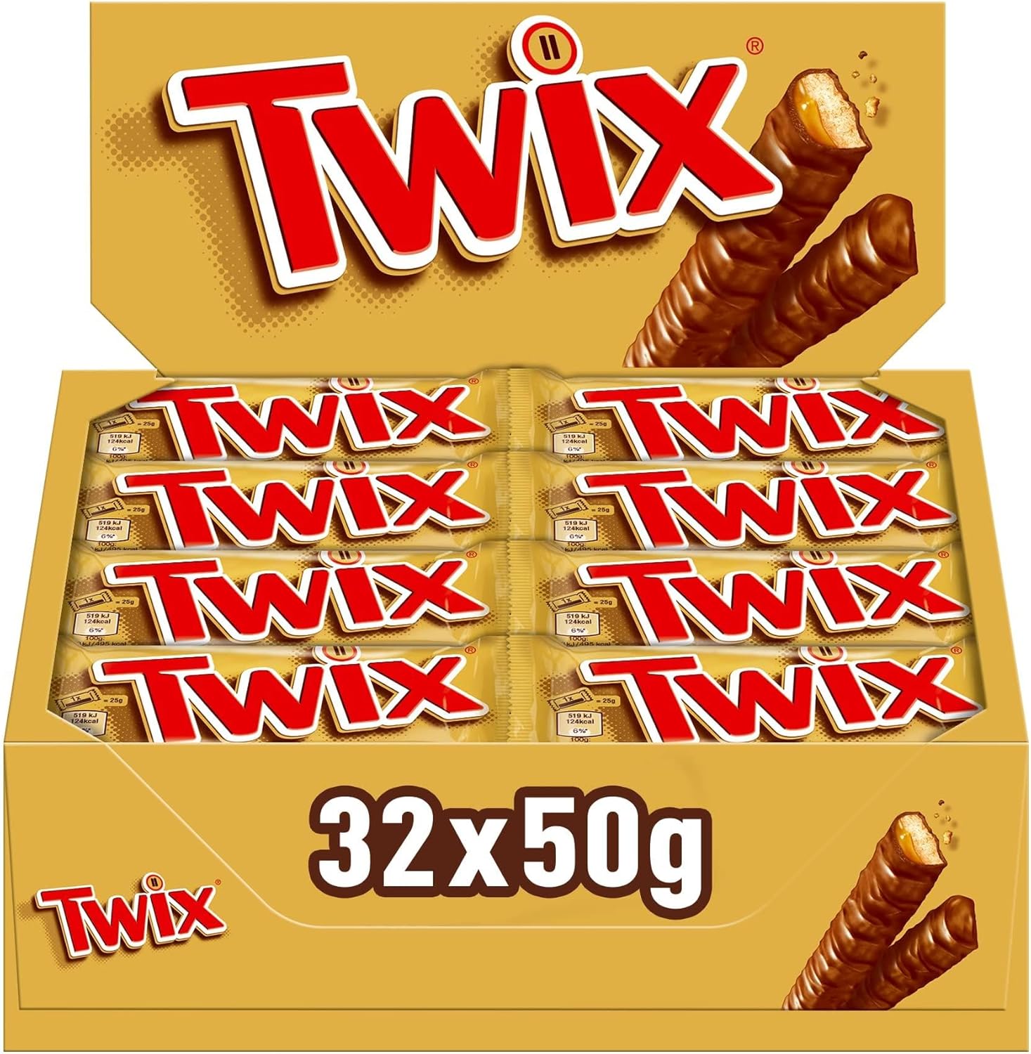 Twix Chocolate Bars, Caramel & Milk Chocolate Biscuits, 32 x 50g Bulk Box, Ideal for Hampers, Perfect for Gifts and Snacks