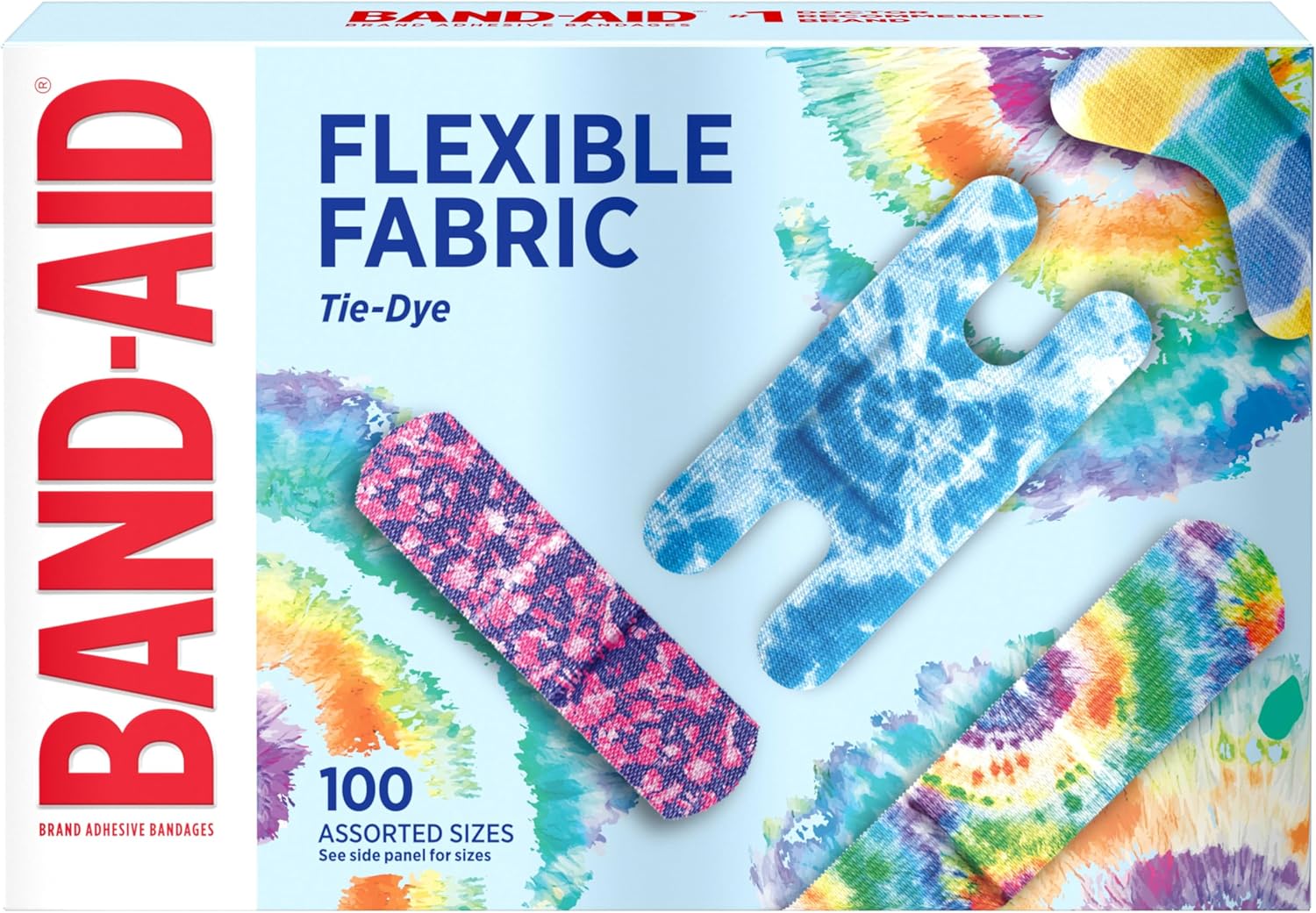 BAND-AID Brand Flexible Fabric Adhesive Tie-Dye Bandages, Fun Bandages Wound Care & Protection of Minor Cuts & Burns, Quilt-Aid Technology to Cushion Painful Wounds, Assorted Sizes, 100 ct