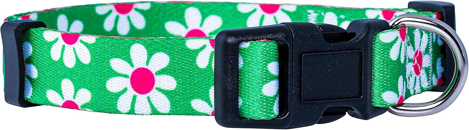 Native Pup Flower Dog Collar, Adjustable Small Medium Large, Cute Girl Female Summer Spring Pretty Designer Puppy Essentials Accessories, Pink Floral Blue Daisy Rose (Large, Green Daisy)