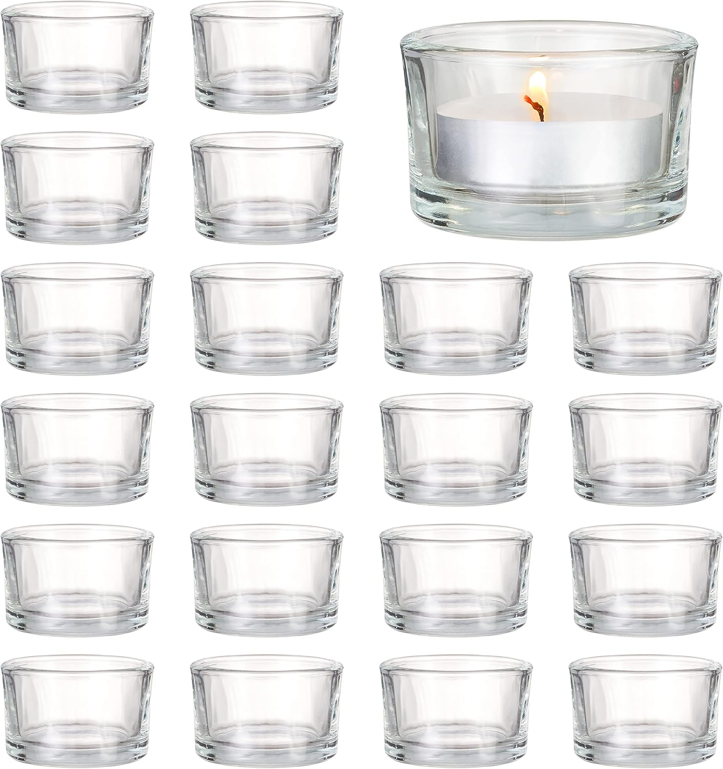 MATANA - 24 Tea Light Candle Holders Elegant Clear Glass, 5 x 3 cm for Candles, Votive Tealight Holders for Decoration, Restaurant, Celebrations Engagement, Wedding, Anniversary - Holder Tea Lights