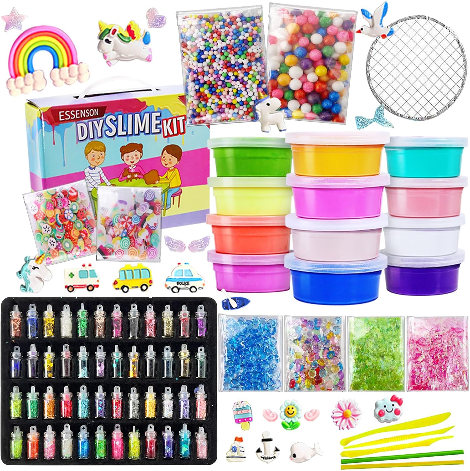 ESSENSON Slime Kit - Slime Supplies Slime Making Kit for Girls Boys, Kids Art Craft, Crystal Clear Slime, Glitter, Slime Charms, Fishbowl Beads Girls Toys Gifts for Kids Age 3+ Year Old