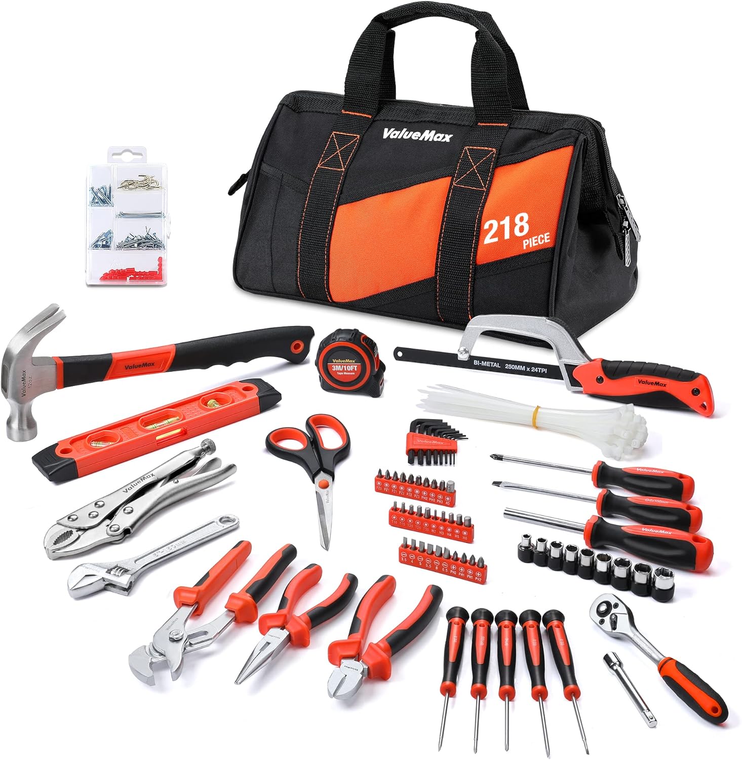 ValueMax 218PC Home Tool Kit with 13-Inch Tool Bag, Household Repair & DIY Tool Set - Including Pliers Set, Metric Sockets Set & Ratchet Wrench, Bits Set, Screwdrivers, Hammer, Tape Measure, Hacksaw