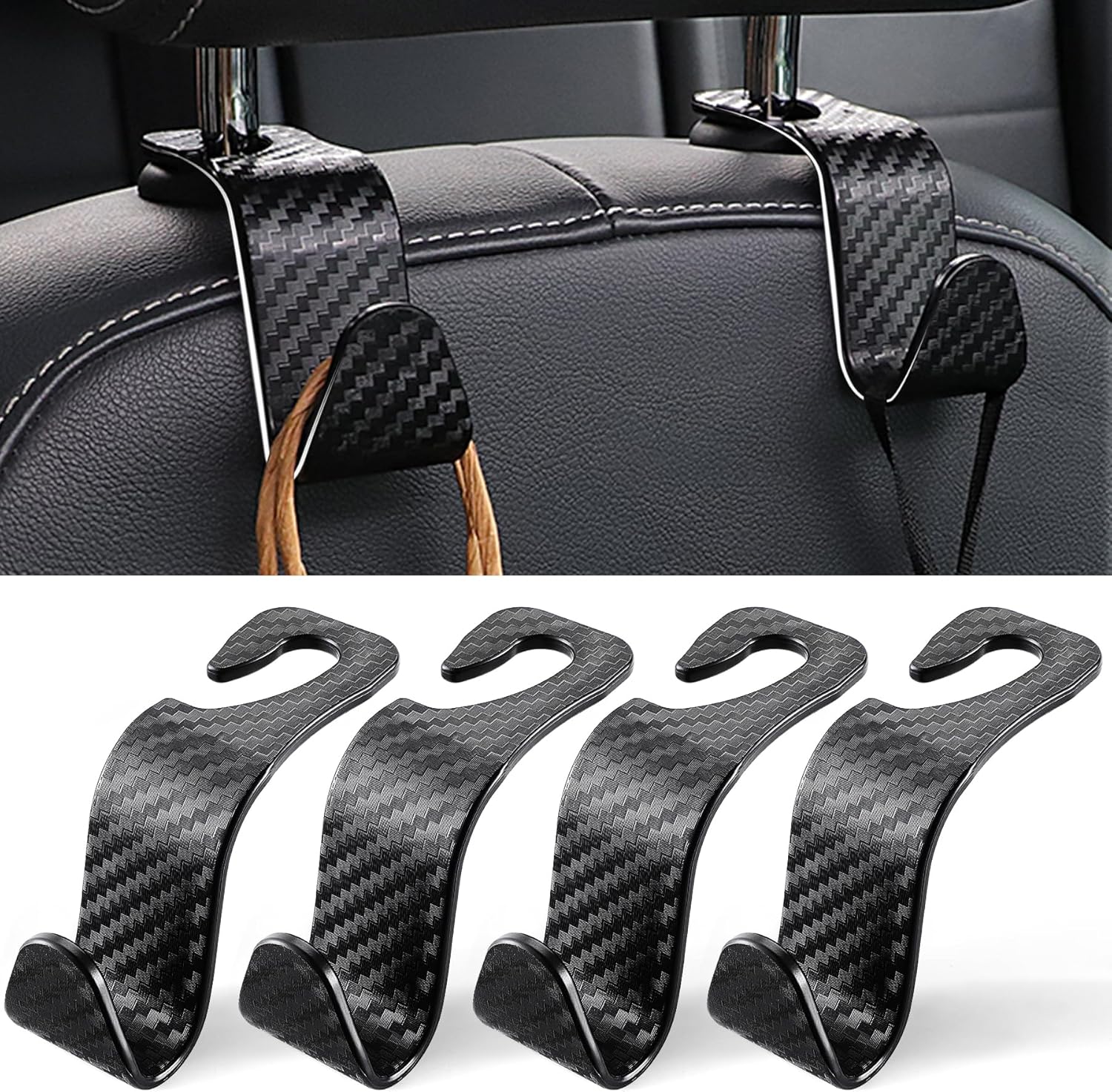 LivTee Car Purse Hook, 4 Pack Universal Auto Seat Headrest Hook Hangers Organizer for Coats, Umbrellas, Groceries - Carbon Fiber Black | Universal, Hangers, Organizer, for Coats, Umbrellas, Groceries