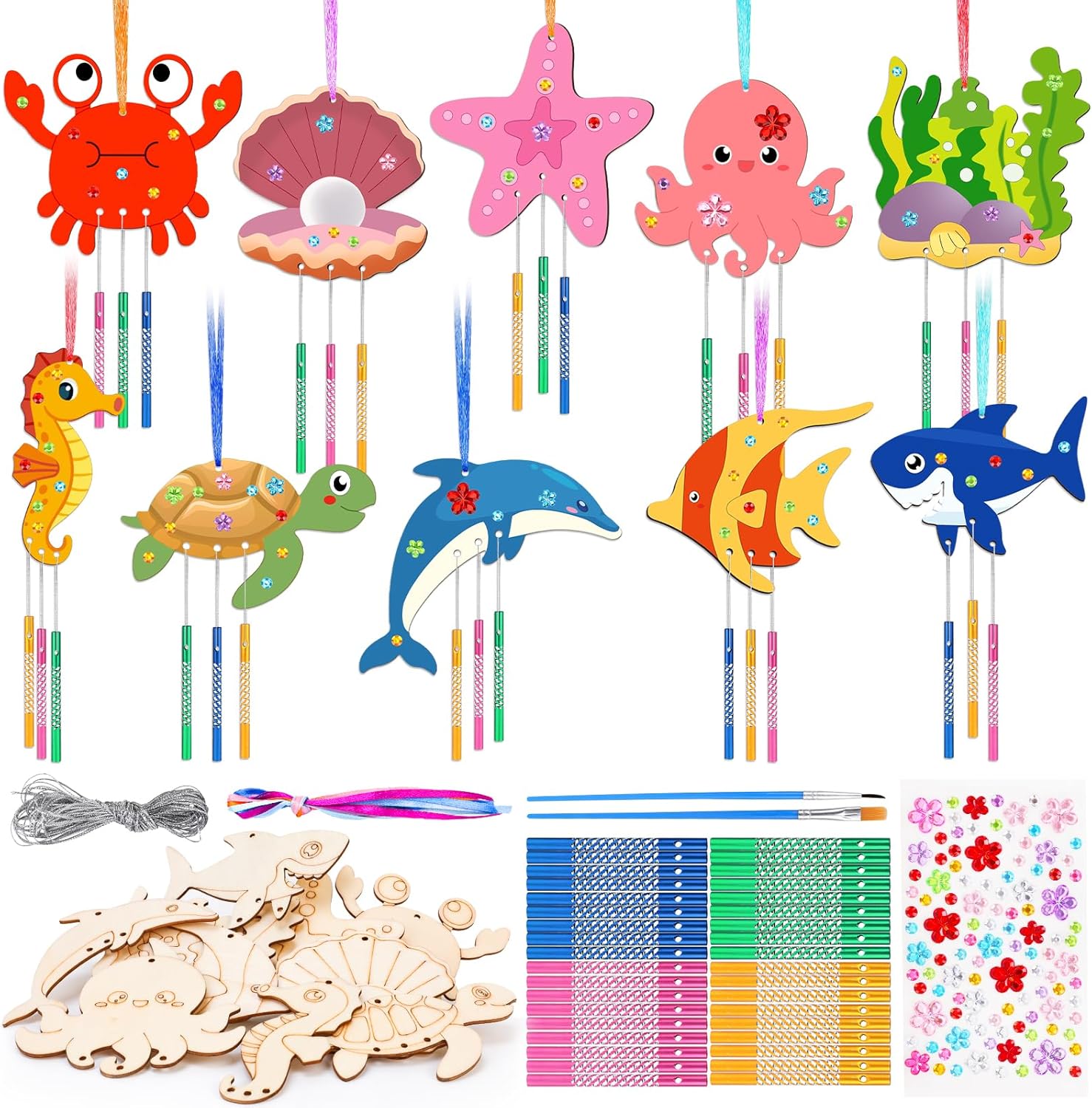 OOTSR 10 Pack Sea Animal Wind Chime Kit for Kids, Ocean Animals Windchime Set DIY, Wind Chimes for Girls Boys, Wooden Art and Craft for Garden Indoor Outdoor Summer Decoration