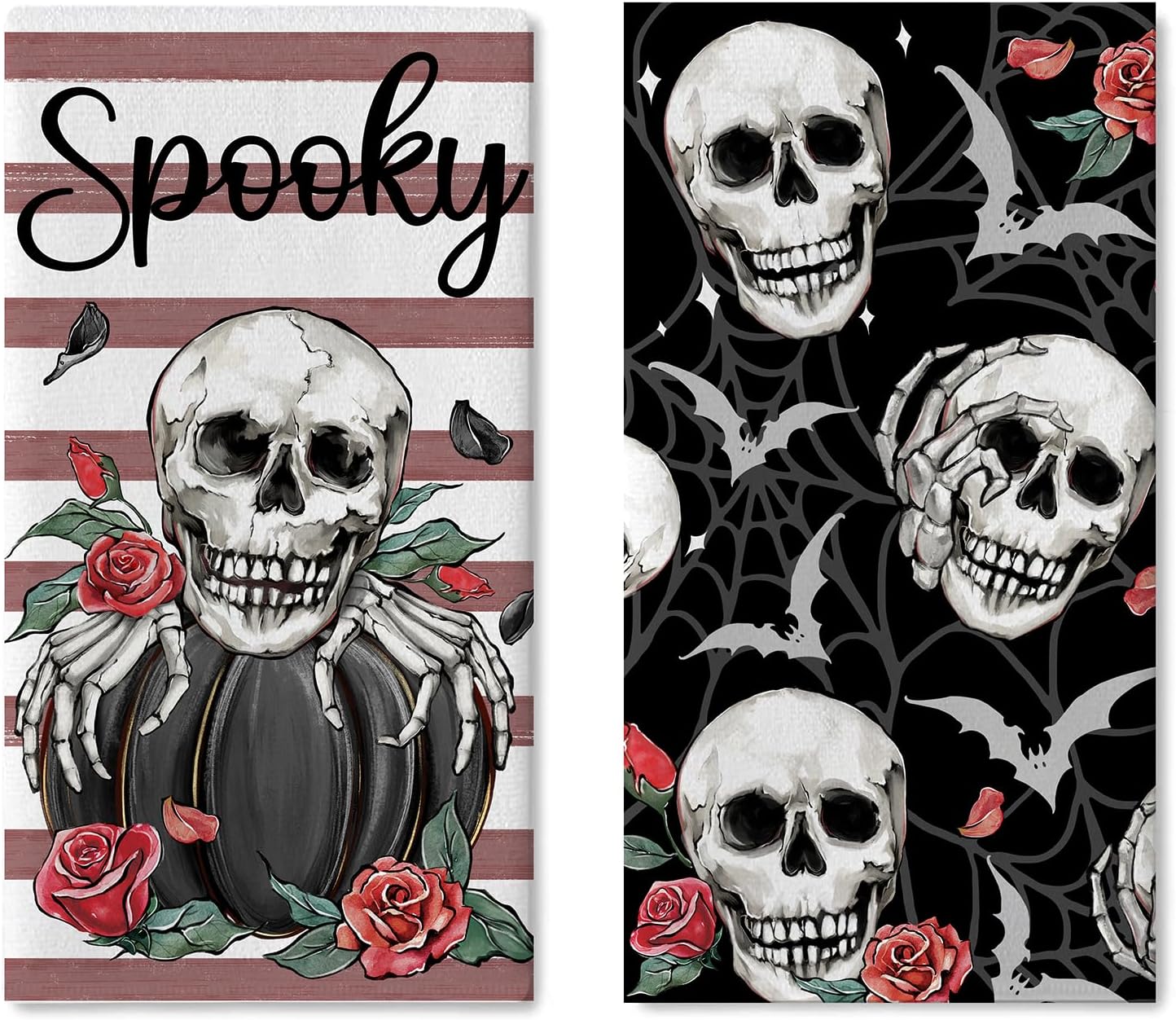 Halloween Gothic Skull Kitchen Dish Towels Set of 2, Spooky Black Pumpkin Rose Flower Drying Hand Towels Baking Cooking Cloth, Stripes Spider Web Bat Holiday Home Kitchen Decoration 18 x 26
