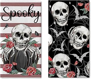 Halloween Gothic Skull Kitchen Dish Towels Set of 2, Spooky Black Pumpkin Rose Flower Drying Hand Towels Baking Cooking Cloth, Stripes Spider Web Bat Holiday Home Kitchen Decoration 18 x 26