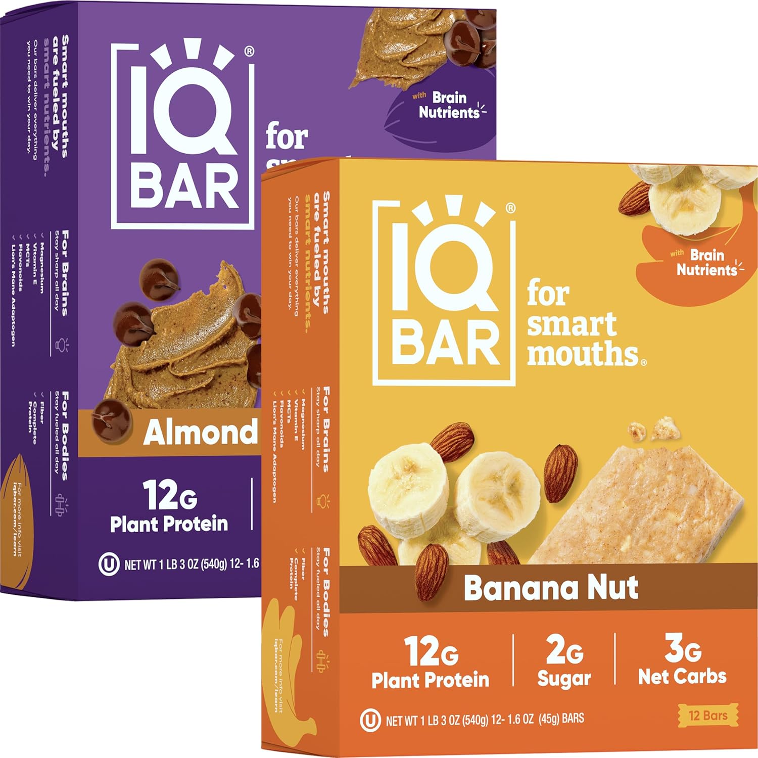 IQBAR Brain and Body Keto Protein Bars - Almond Butter Chip and Banana Nut - 12 Count Energy Bars - Low Carb Protein Bars - High Fiber Vegan Bars Low Sugar Meal Replacement Bars