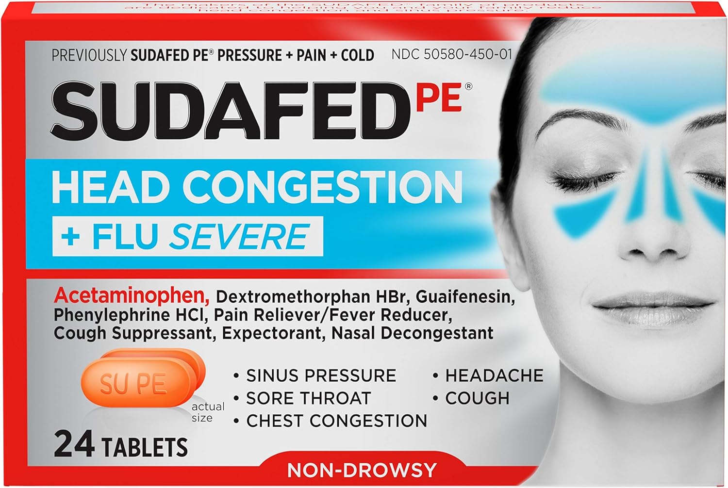 Sudafed PE Head Congestion + Flu Severe Decongestant Tablets for Adults, 24 ct