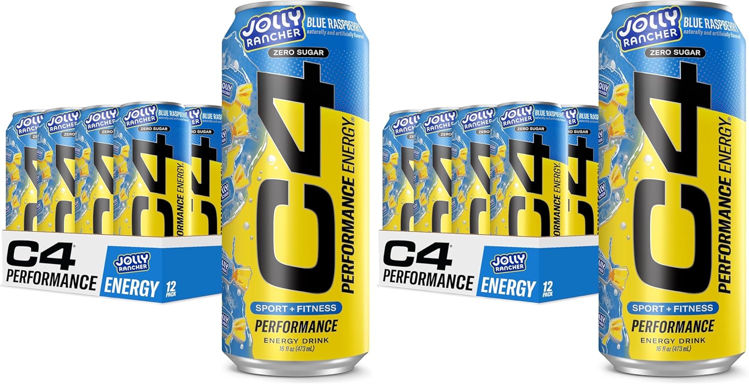 Cellucor C4 Performance Energy Drink | JOLLY RANCHER Blue Raspberry | Zero Sugar Carbonated Preworkout Energy | 200mg Caffeine with Beta Alanine | 16 Fl Oz (24 Pack)