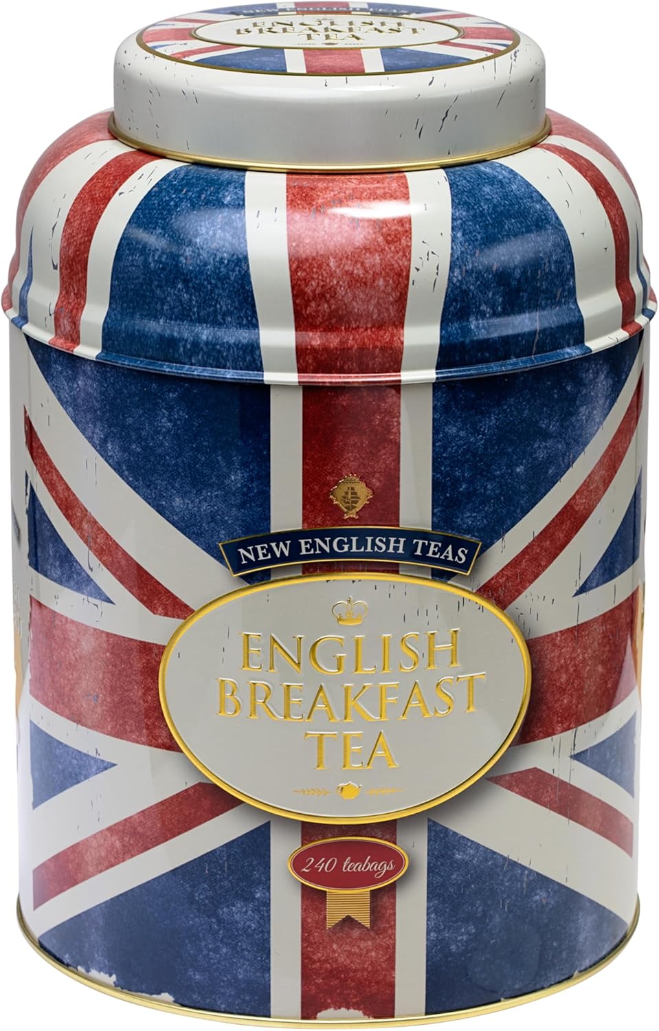 New English Teas Union Jack Large Round Tea Caddy with 240 English Breakfast Teabags