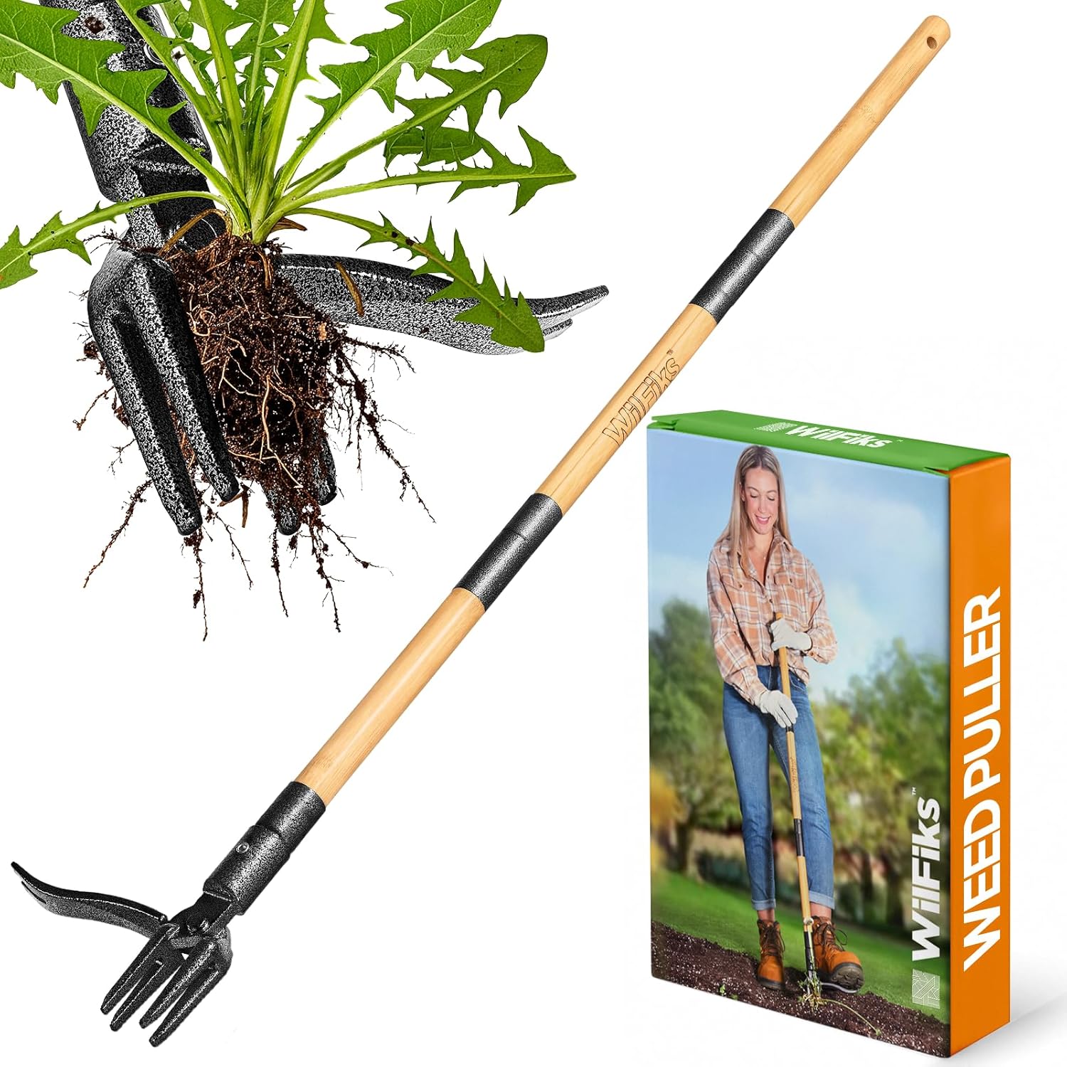 Weed Puller Tool, Stand Up Heavy Duty Weed Remover Tool with Long Handle, Foot Platform Design - 4 Claw Steel Head Weeder Tool, Bamboo Garden Hand Weeding Tool, Smoothly Remove Weeds Without Kneeling