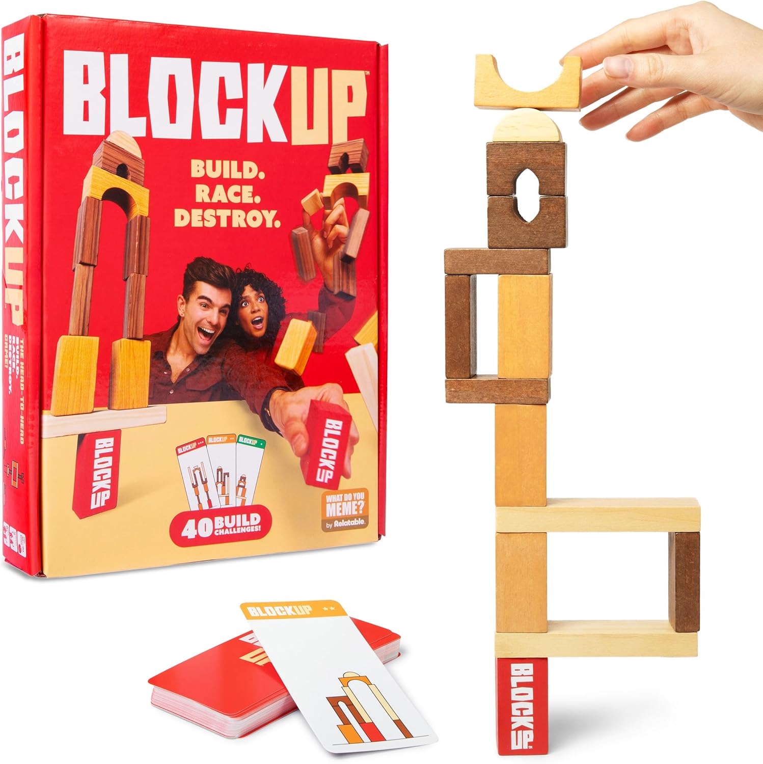 WHAT DO YOU MEME? Block Up by Relatable, Exciting Tower Game for Kids & Adults Family Game Night, Great Building Toys Kids Games, Includes 28 Blocks, 40 Blueprint Cards, and Instructions
