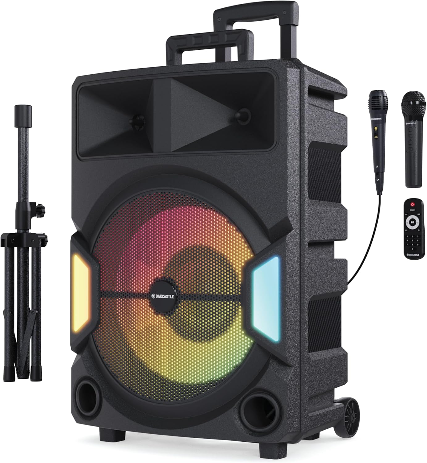 Bluetooth Portable PA System & Karaoke Machine | 150W Rechargeable, 6H Playtime | Party LED Lights, Mic Input, EQ Controls | Remote, Tripod and Microphones Included, Oakcastle PS500