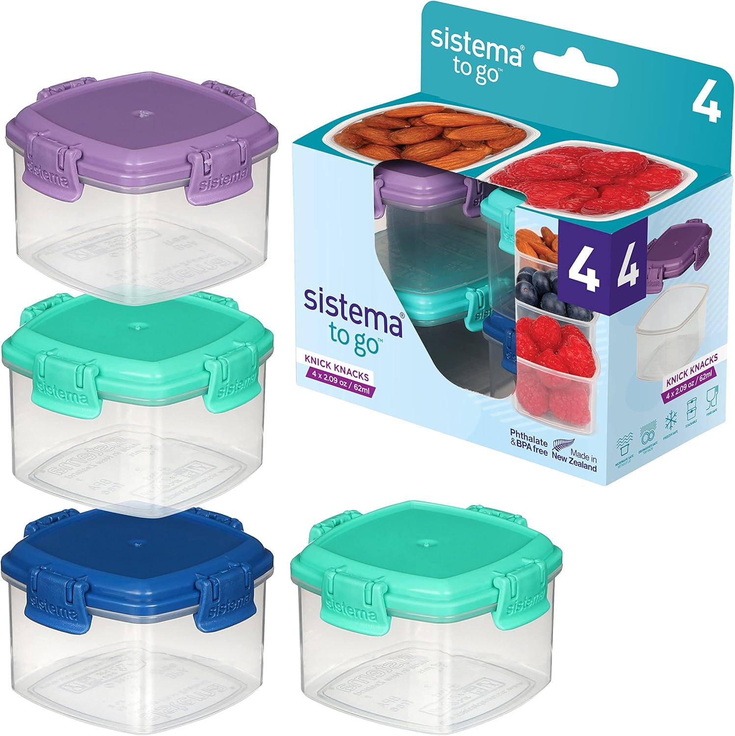 Sistema Knick Knack Pack TO GO Small Food Containers | Stackable Storage Containers with Lids | 62 ml | BPA-Free | Assorted Colour Lids | 4 Count