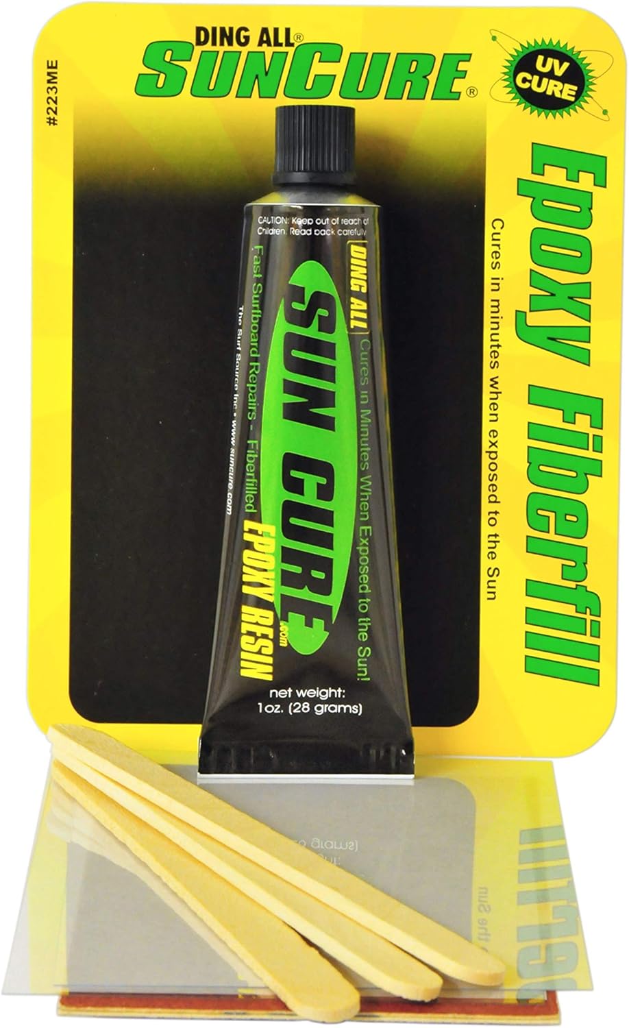 Ding All Sun Cure 1oz Epoxy Fiberfilled Repair Kit for fast ding repairs on polyester and epoxy surfboards.