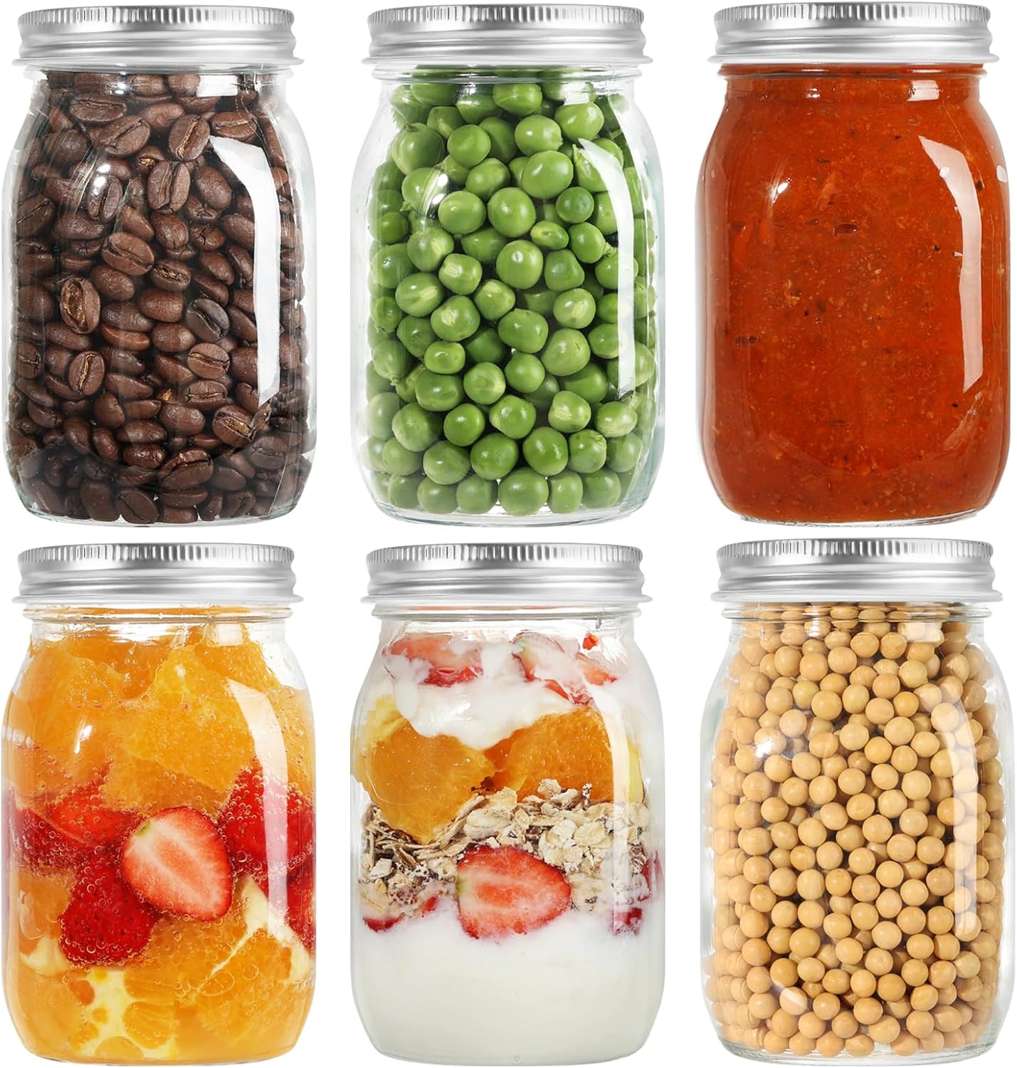 Glass Jars with Lids, 6 Pack 500ml/ 16 oz Multipurpose Glass Jars with Lids, Overnight Oats Jar, Pickling Jars, Canning Jars, Preserving Jars, Meal Prep Jars for Food Storage