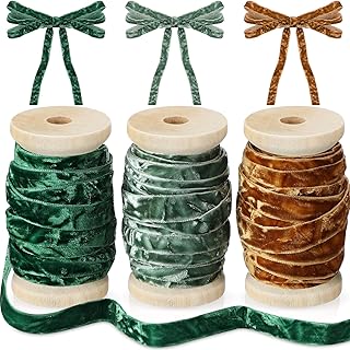 Chuangdi 3 Rolls Crushed Velvet Ribbon 3/8" x 15 Yards with Wooden Spool Luxury Vintage Velvet Ribbon DIY Christmas Tree Wreath Decoration Gift Wrapping Bows(Sage Green, Forest Green, Golden Brown)