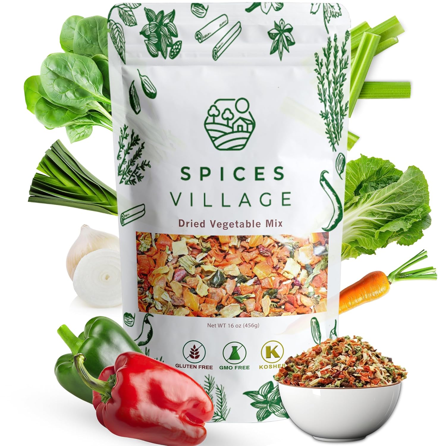 SPICES VILLAGE Dried Ramen Toppings [ 1 lb ] - Dehydrated Vegetables Mixed Vegetables Flakes, Mix of Carrot, Onion, Red & Green Bell Pepper, Celery, Cabbage & Spinach Flakes - Kosher, Gluten Free, Non GMO, Resealable Bulk Bag