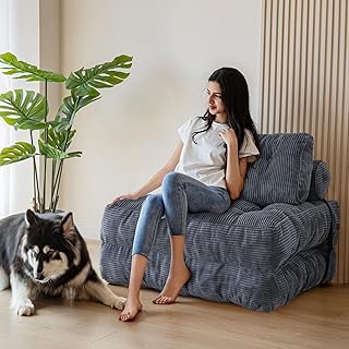 MAXYOYO Folding Sofa Bed, Convertible Sleeper Chair with Pillow Foldable Mattress with Back Support, Portable Fold Out Chair Bed Comfy Floor Sofa Lounge for Living Room Bedroom, Dark Grey, Single