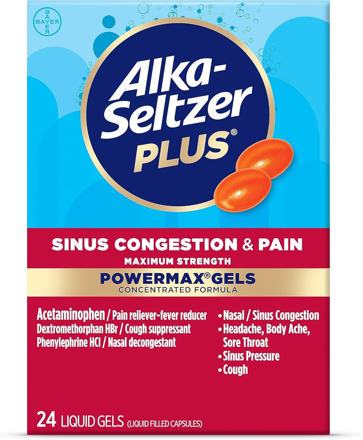 Alka-Seltzer Plus Maximum Strength PowerMax Sinus Congestion and Pain Liquid Gels - Nasal Decongestant, Cough Suppressant, and Pain Relief for Adults and Children 12 Years and Older, 24 Count