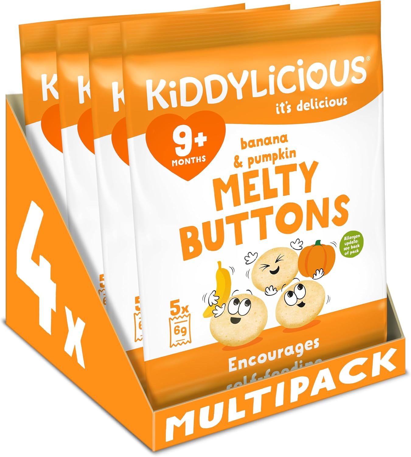 Kiddylicious, Melty Buttons Delicious Snacks for Kids Suitable for 9+ Months 4 x Packs 20 Total, banana & pumpkin, 6 gram, (Pack of 5)