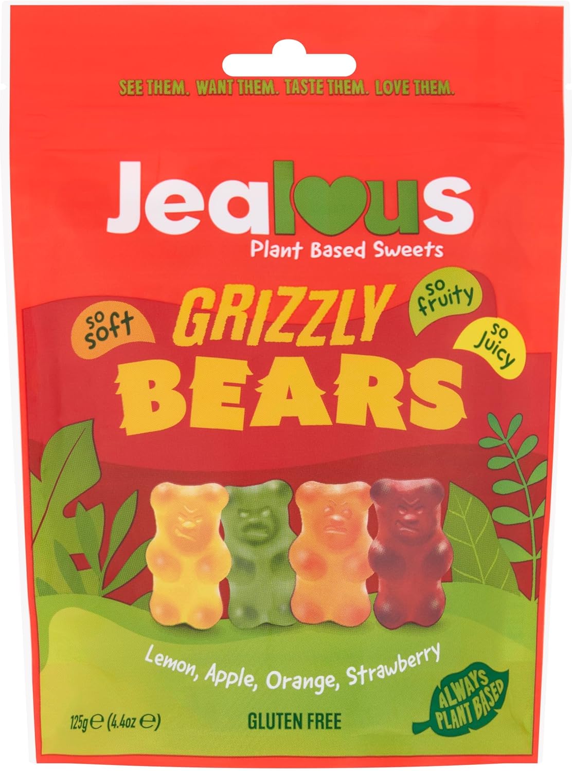 JEALOUS SWEETS Lemon Apple Orange Strawberry Gummy Grizzly Bears (1 x 125g Share Bag) Vegan Gluten & Dairy Free Gummies. Tasty Natural Fruit Chewy Treats. No Artificial Colour, Gelatine Free Gums