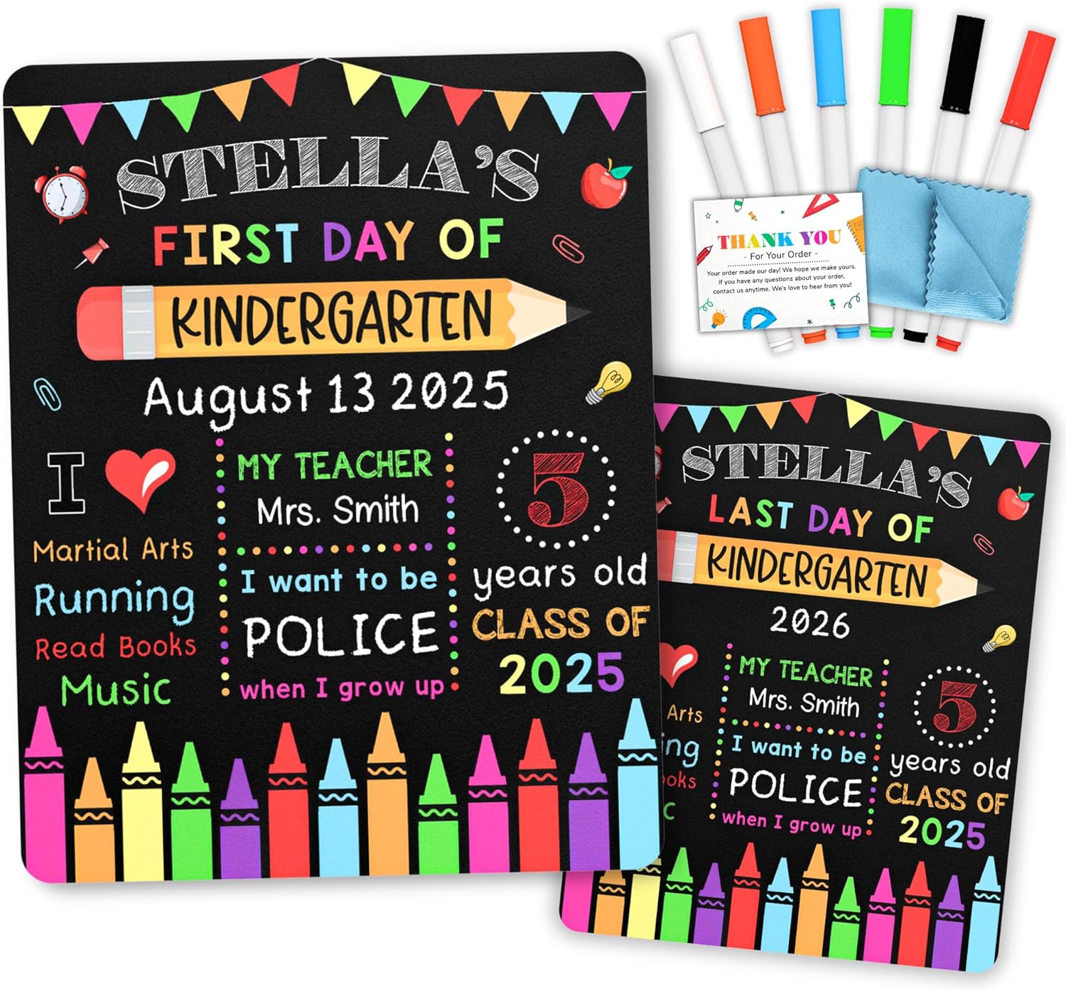 First Day of School Board Sign with 6 Liquid Chalk Markers Pack, Wipe Cloth & Card - 14”x11” Double-Sided & Reusable Chalkboard - 1st Day Back to School Board for Kindergarten Preschool